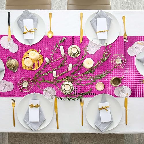 Miniatura 6 de Durony Paquete de 2 caminos de mesa disco de 11 x 108 pulgadas, espejo rosa intenso con purpurina y lentejuelas brillantes para despedida de