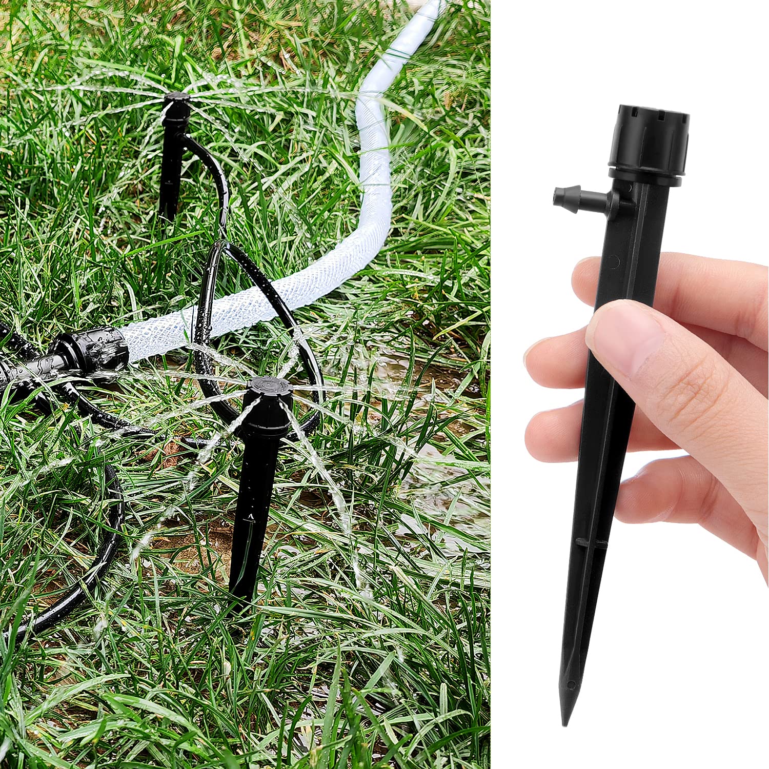 50 Piezas Gotero de Riego, VooGenzek 360-Grado 8-Agujero Aspersore de Riego Ajustables, Cabezas de Riego para Goteo Goteros con Conectore de Púas & Estaca Microtubo Piqueta, para Tubo 4/7 mm, Negro — view 5
