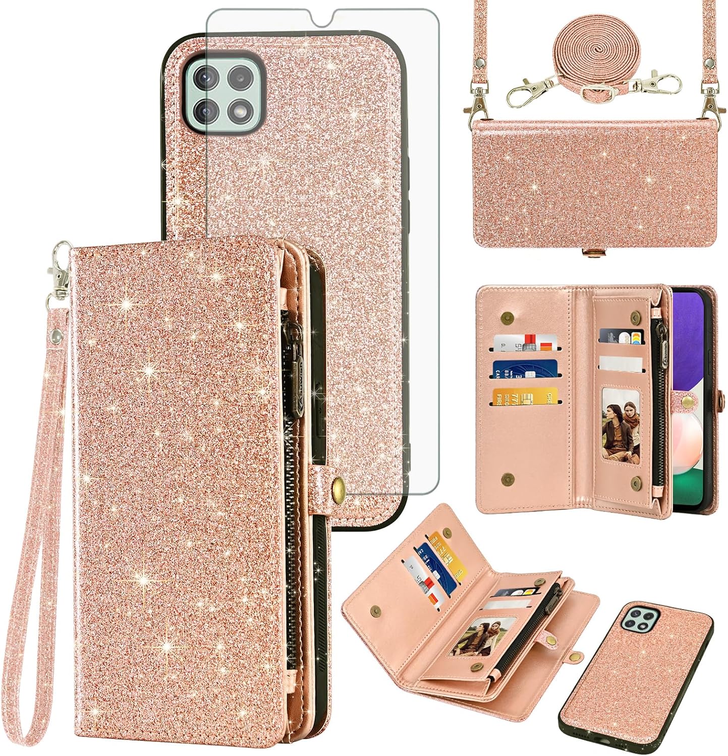 Asuwish Phone Case for Samsung Galaxy A22 5G Zipper Wallet Detachable Cell Cover with Tempered Glass Screen Protector Lanyard Wrist Strap Flip Credit Card Holder Slot A 22 22A A22s G5 Women Rosegold