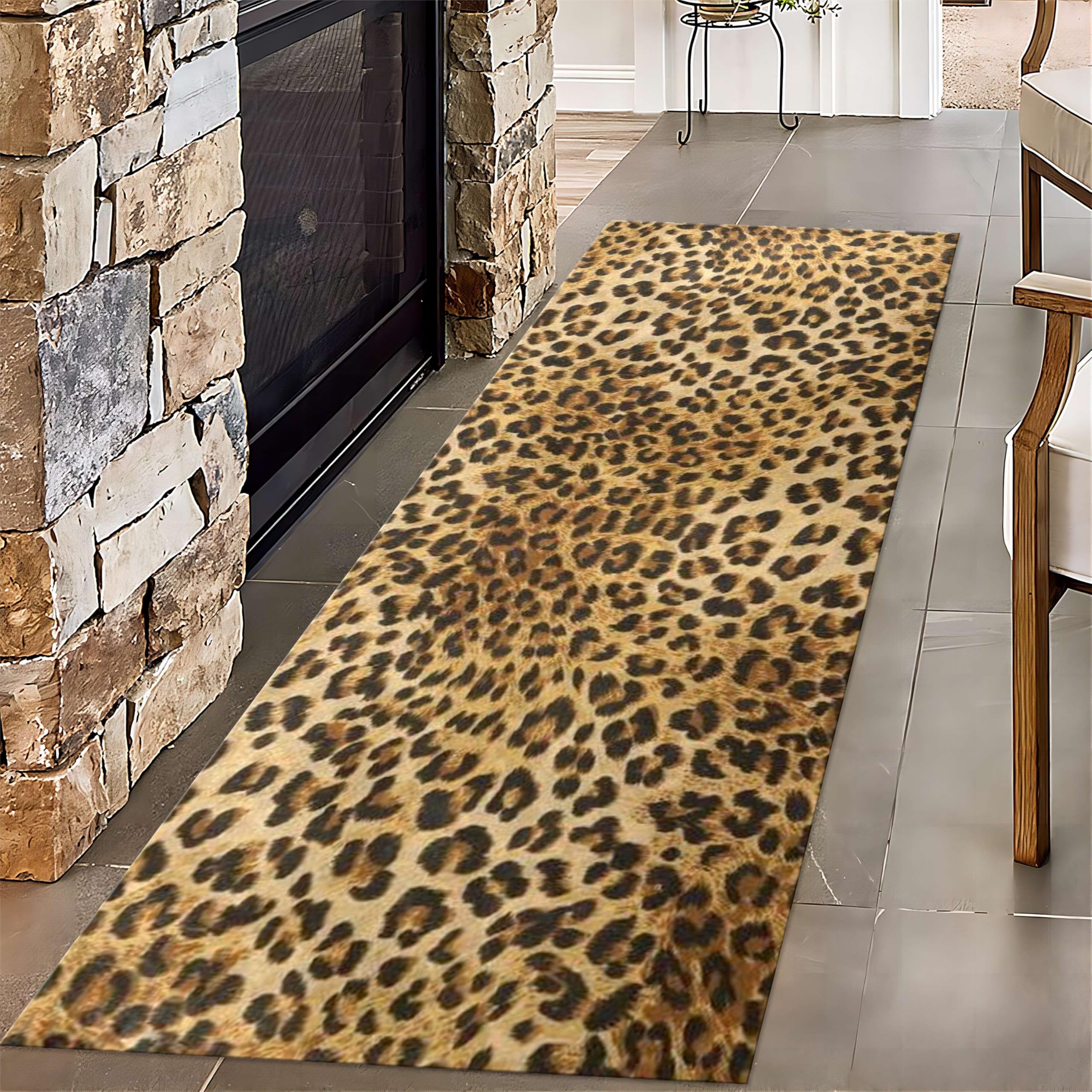 Leopard Print Long Hallway Rug Runners, 60x180cm, Vintage Cheetah Stripe Carpet for Entryway, Machine Washable Foldable Playing Mat, Thin Cozy Low Pile Low Pile Carpets for Porch Nursery