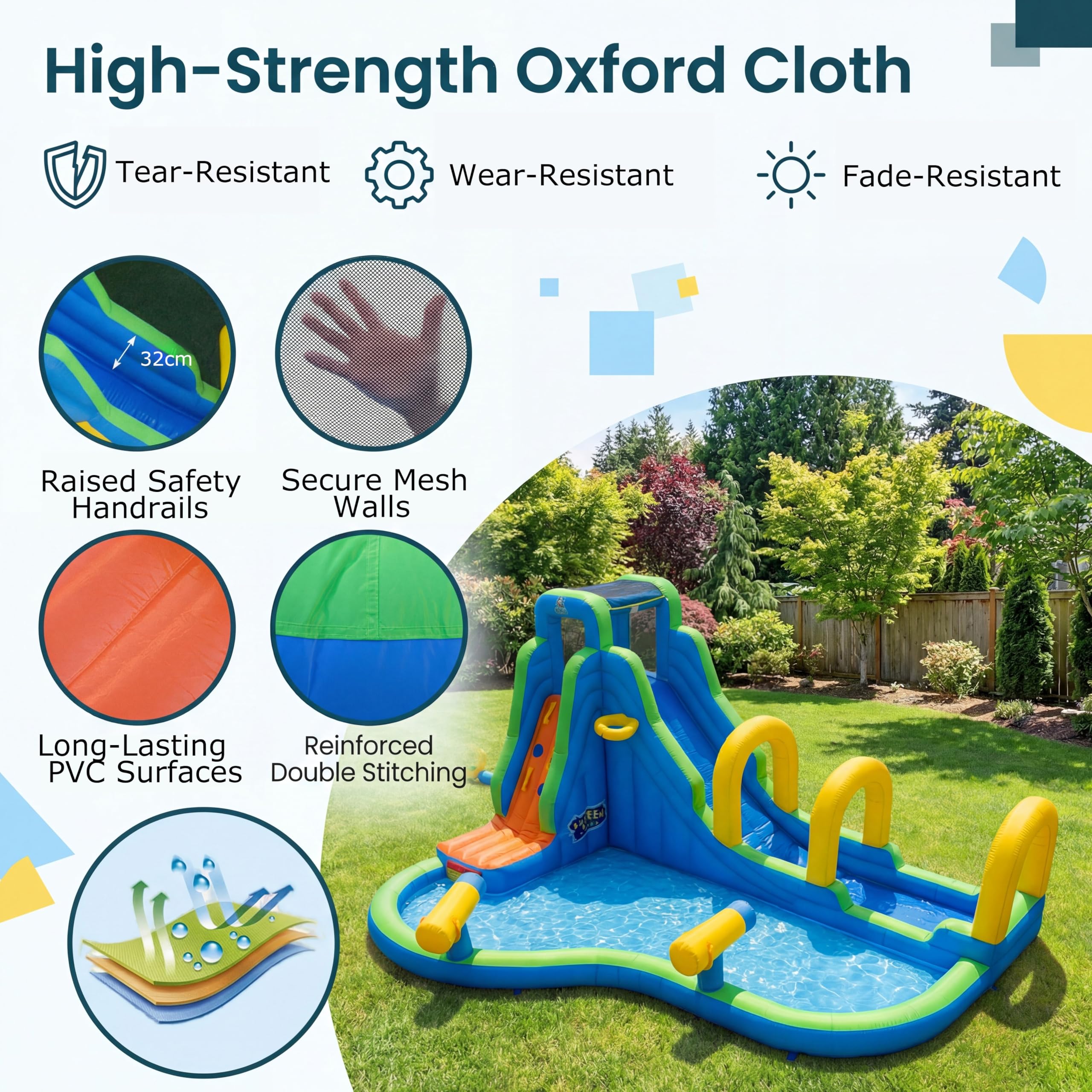 GIANTEX Castillo Hinchable Acuatico, con Tobogán Seco/Acuático, Roca de Escalada, Canasta de Baloncesto, Piscina y 2 Cañones de Agua, Castillo Hinchable Grande para Exterior, 465 x 345 x 242 cm