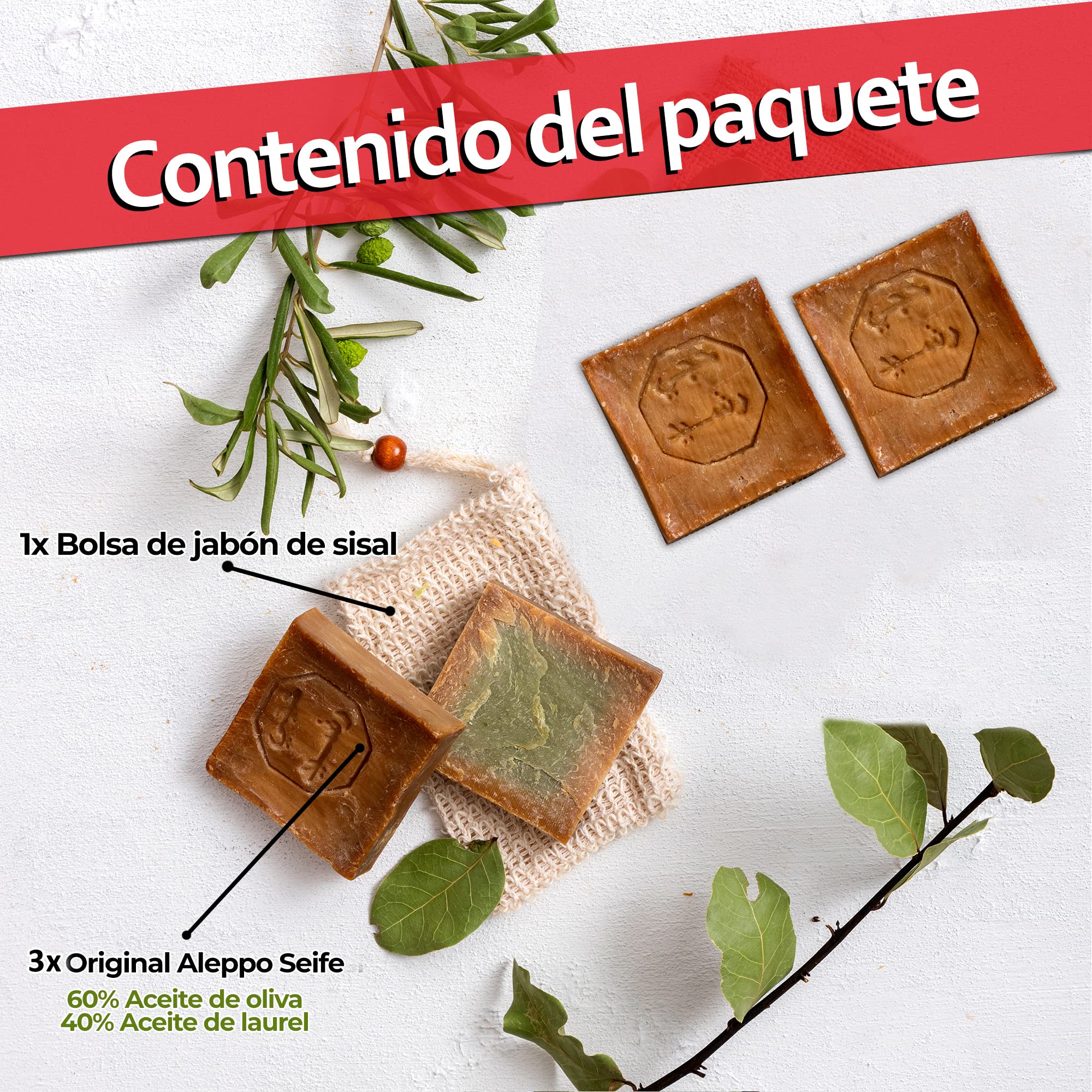 Natura Germania® Set de 3 jabones originales de Alepo 60% aceite de oliva / 40% aceite de laurel, cada uno de aproximadamente 200 gr (alrededor de 600 gr en total) + bolsa de jabón de sisal