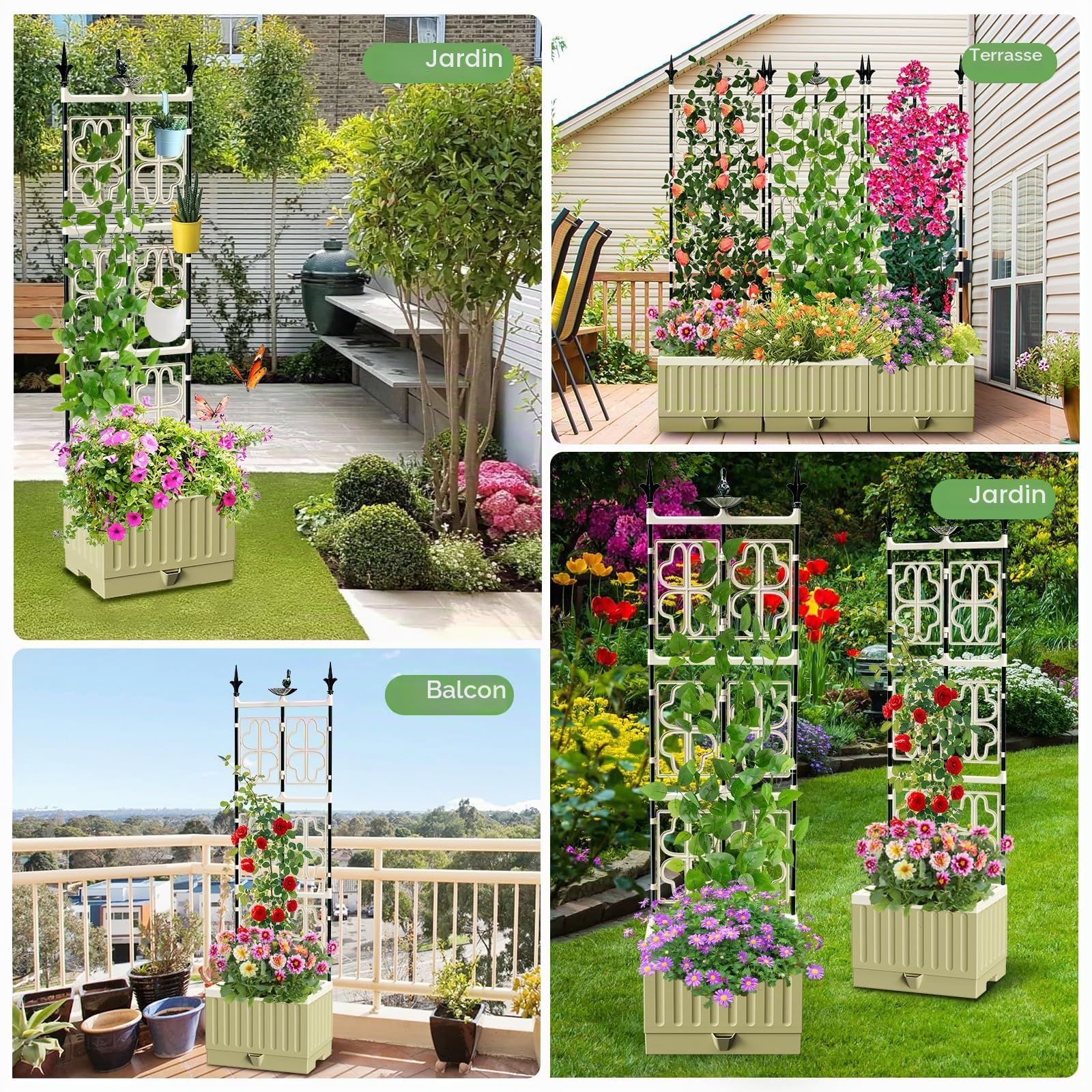Jardinière surélevée avec treillis en métal, 142 cm, auto-arrosage, jardinière surélevée pour plantes grimpantes, fruits, légumes, fleurs
