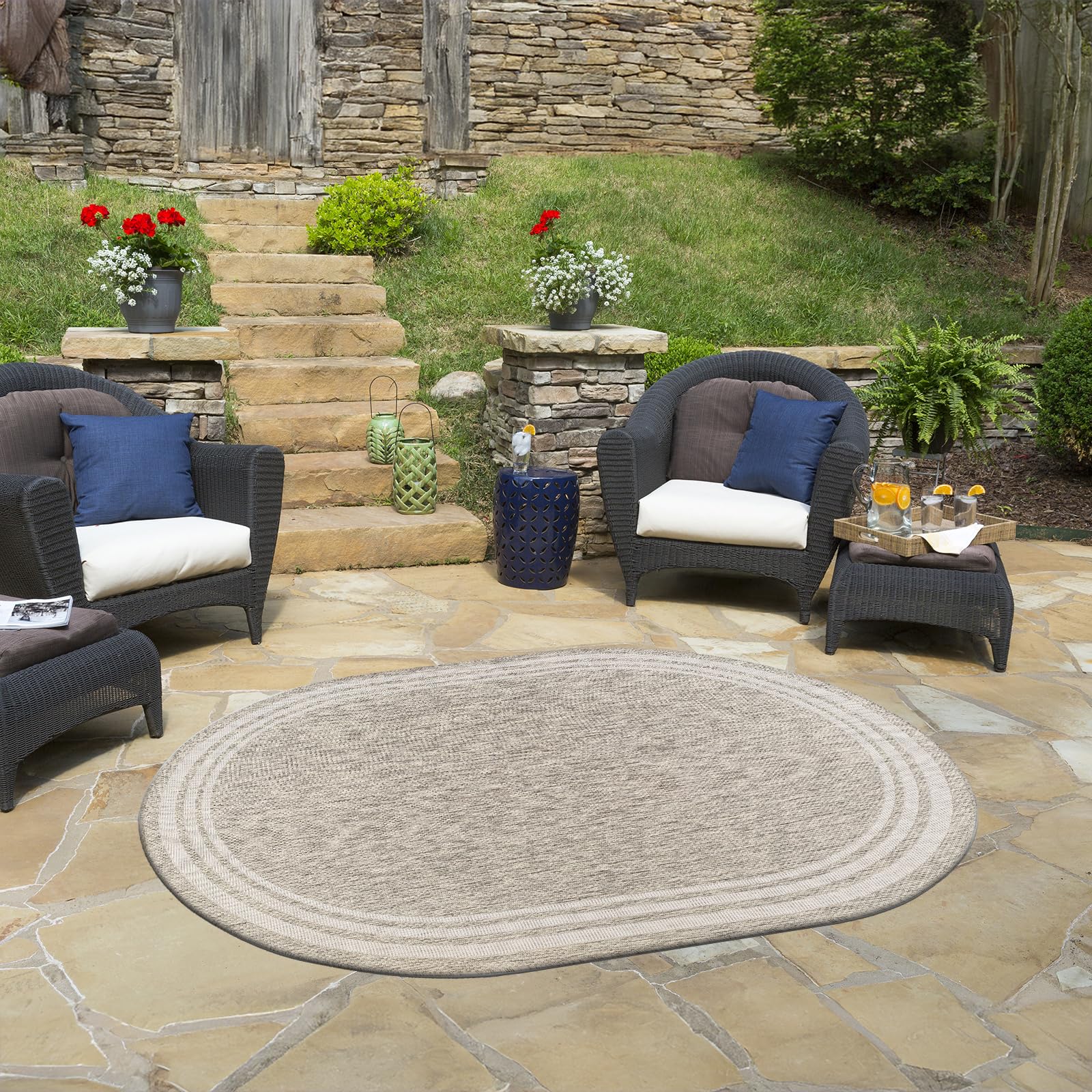 Livabliss Akriti Geometric Indoor Outdoor Oval Carpet 160x220 cm, Boho Pattern for Patio, Deck & Garden, UV Resistant Weather & Stain Durable, Easy Care Floor Carpet, Grey Beige Taupe