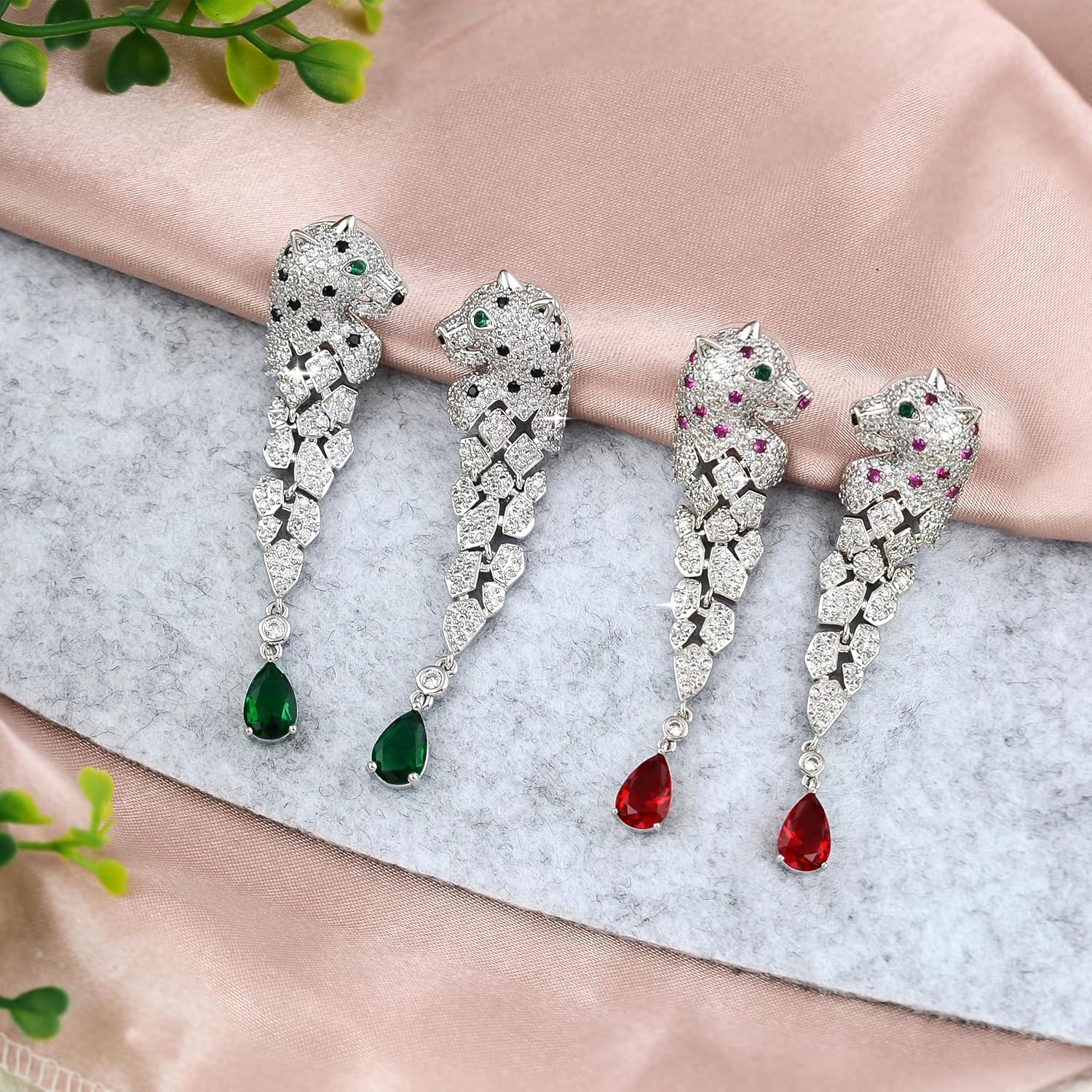Alilang Plated Leopard Cheetah Panther Head Zircon Tassel 925 Sterling Silver Drop Dangle Earrings for Women