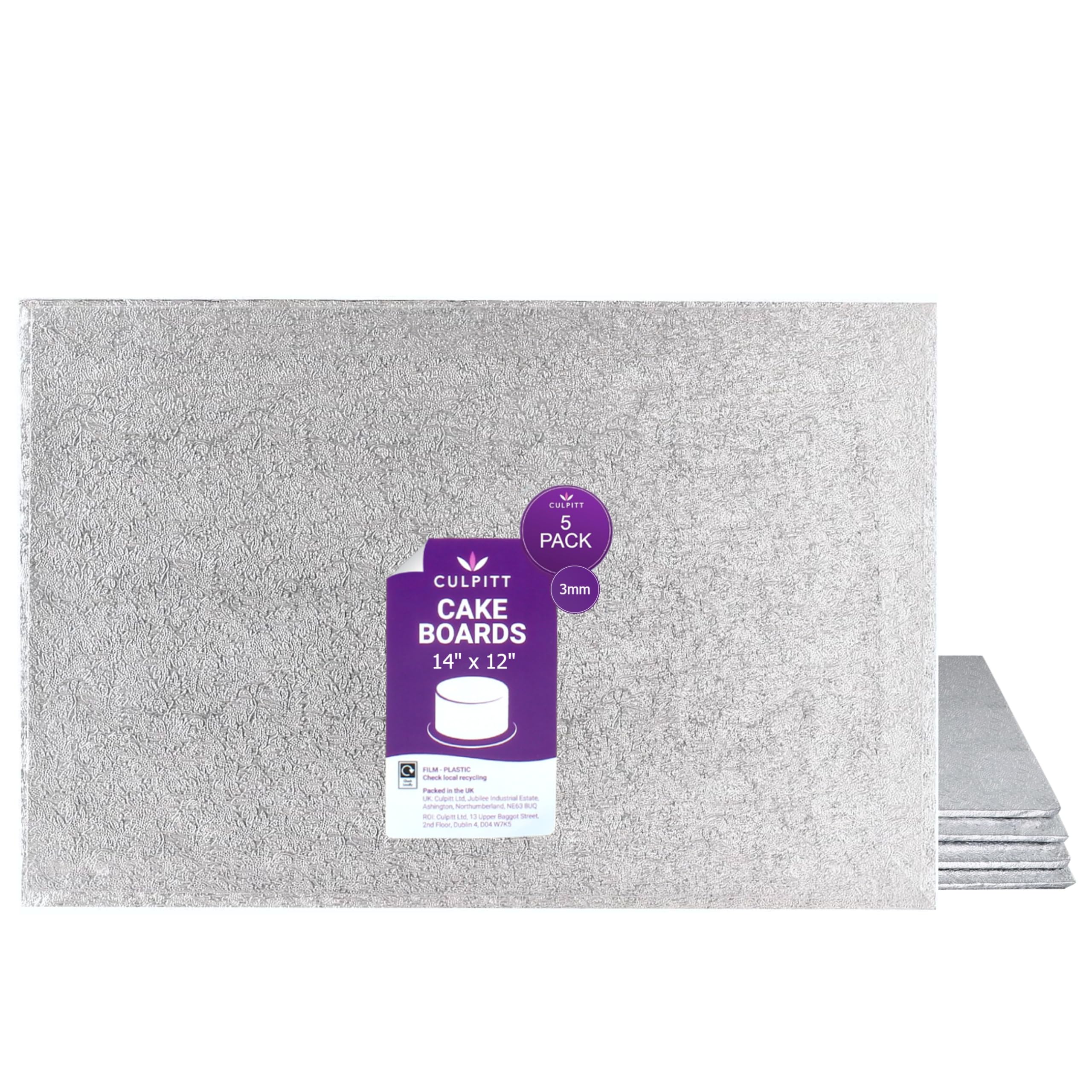 Culpitt Silver 14" X 12" Oblong Cake Boards | 5 Pack | 3Mm Hardboard Cards For Celebration Desserts, Birthday Treats, Tray Bakes, Cupcakes, And More! Strong, Rectangular - Pack Of 5