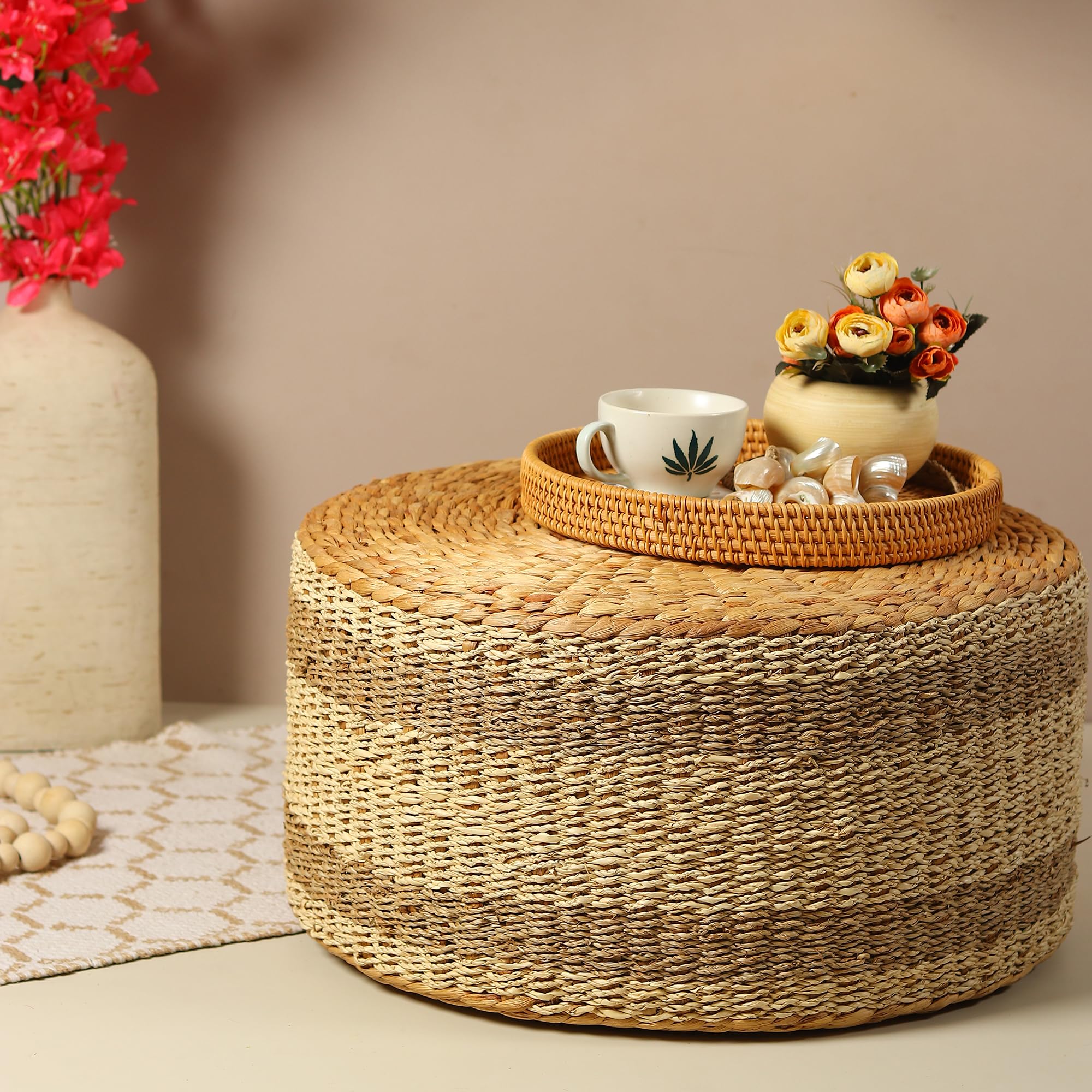 Habere India-All the Cultures Fabricating India Ottoman | Pouf | Ottomans for Living Room | pouffe Stool | Nesting Stool | Seagrass pouffes for Sitting - Beige, Round (57x29 cm)-image-46