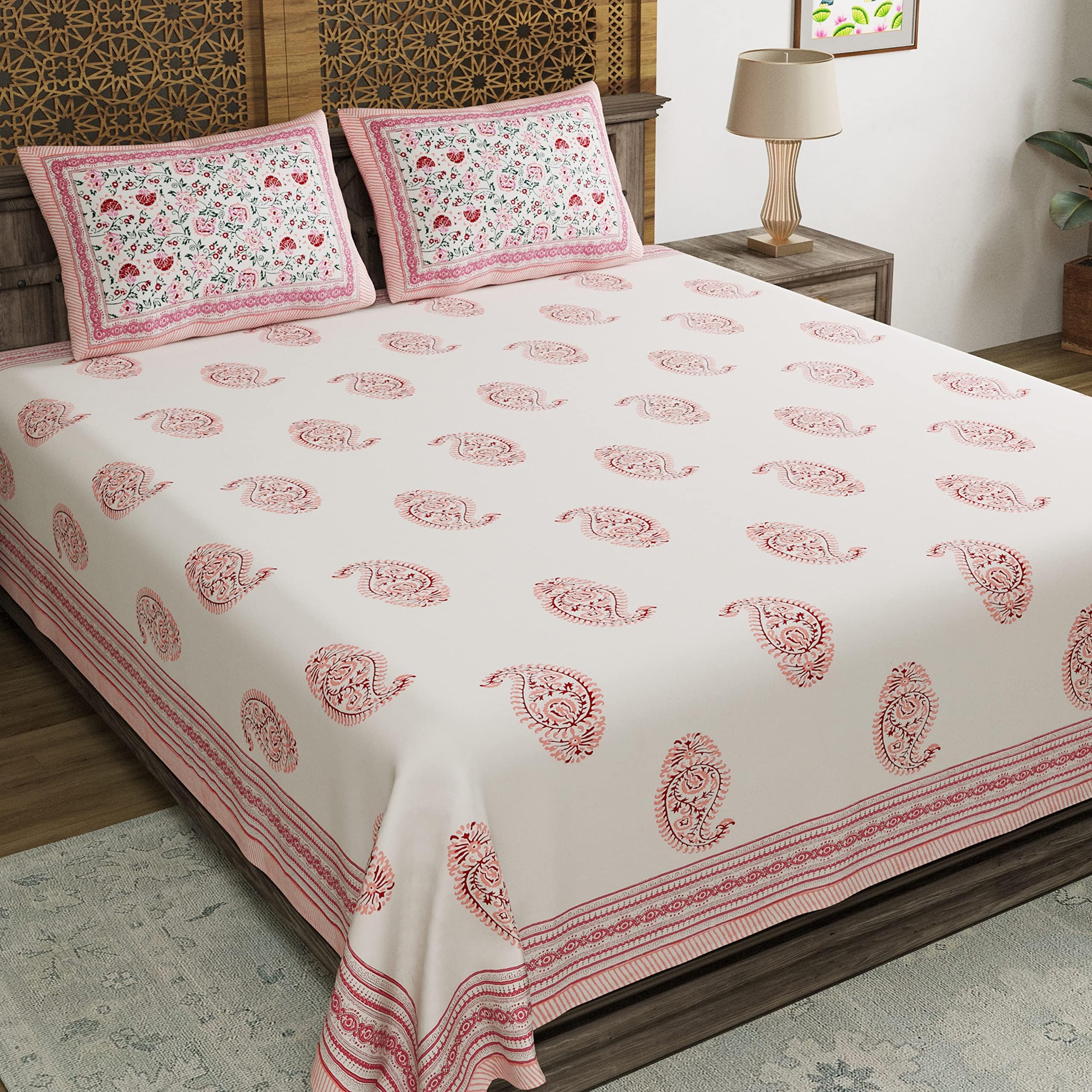BLOCKS OF INDIA Hand Block Printed 200 TC Cotton King Size Bedsheet (Pink Paisley)