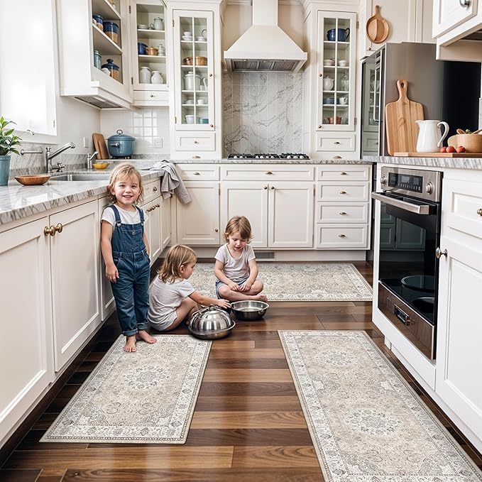 4 Pieces Kitchen Rug Set: Washable Water Resisitant Carpet for Sink Stove Area Soft Floor Mats with Non-Slip Backing for Bathroom Low-Pile Runners for Family with Elderly Dogs(2x3+2x4+2x5+2x6,Beige)
