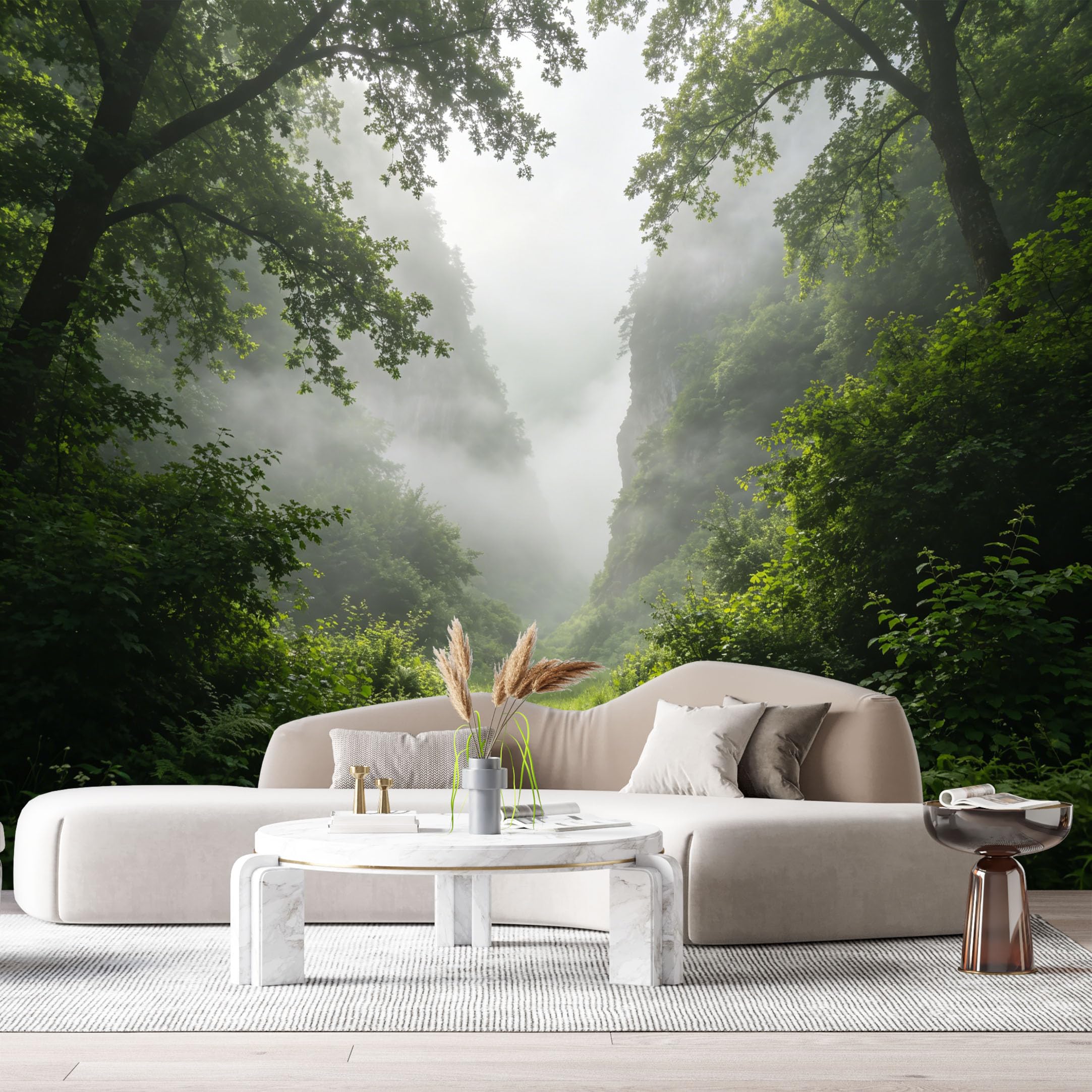 Custom Size Wall Murals Misty Forest Landscape Path Morning Fog Trees Mountain Valley SelfAdhesive Wall Fabric Removable Large Wallpaper for Photo Living Room