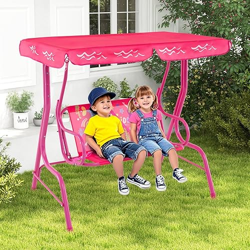Miniatura 8 de HONEY JOY Columpio para patio para niños, columpio de 2 plazas para porche al aire libre, con toldo ajustable y cinturón de seguridad, columpio