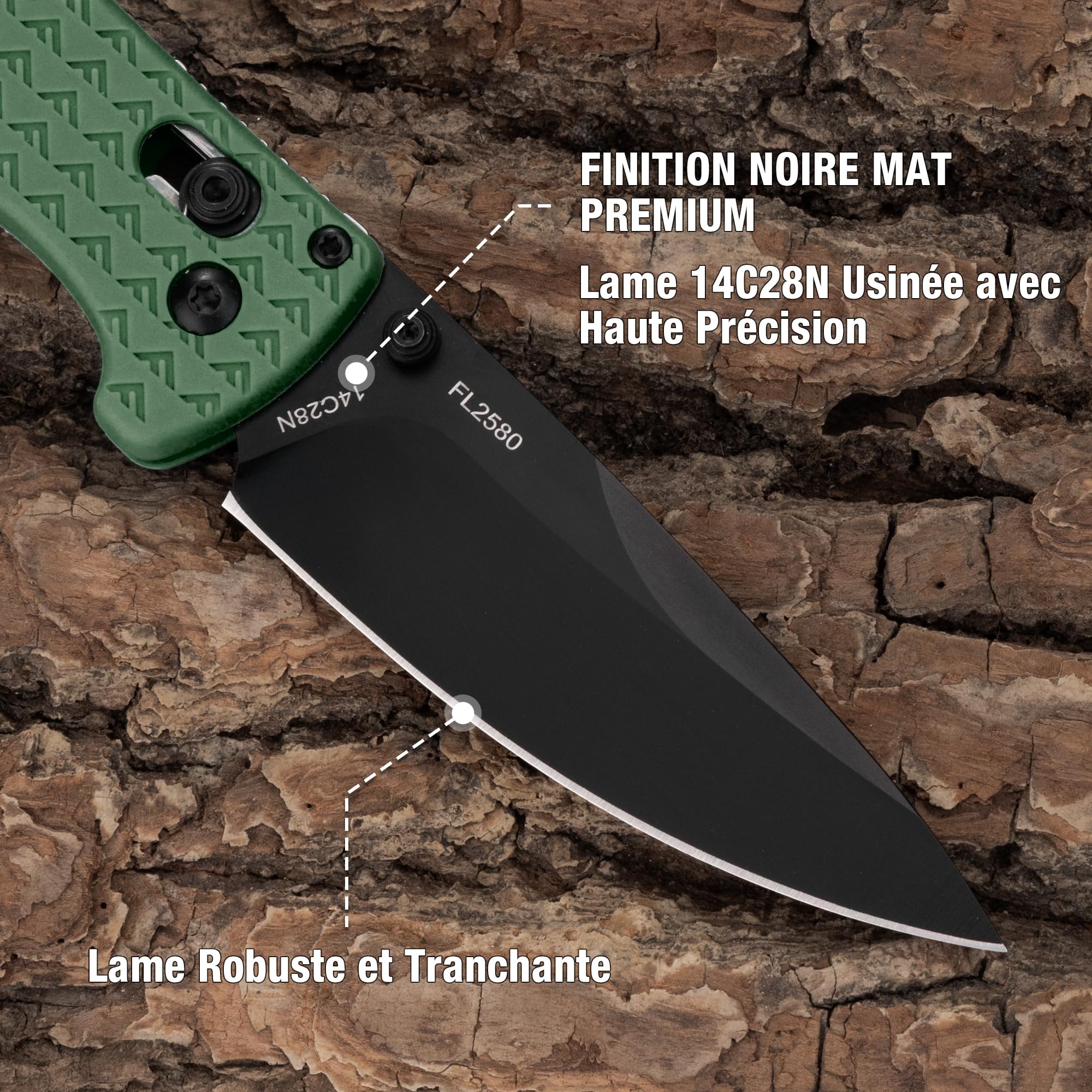 FLISSA Couteau Pliant de Poche 14C28N, Lame Haute Performance Meulée CNC avec Revêtement Titane Noir, Couteau de Poche EDC avec Clip, Idéal pour Usage Quotidien et Activités de Plein Air, Vert