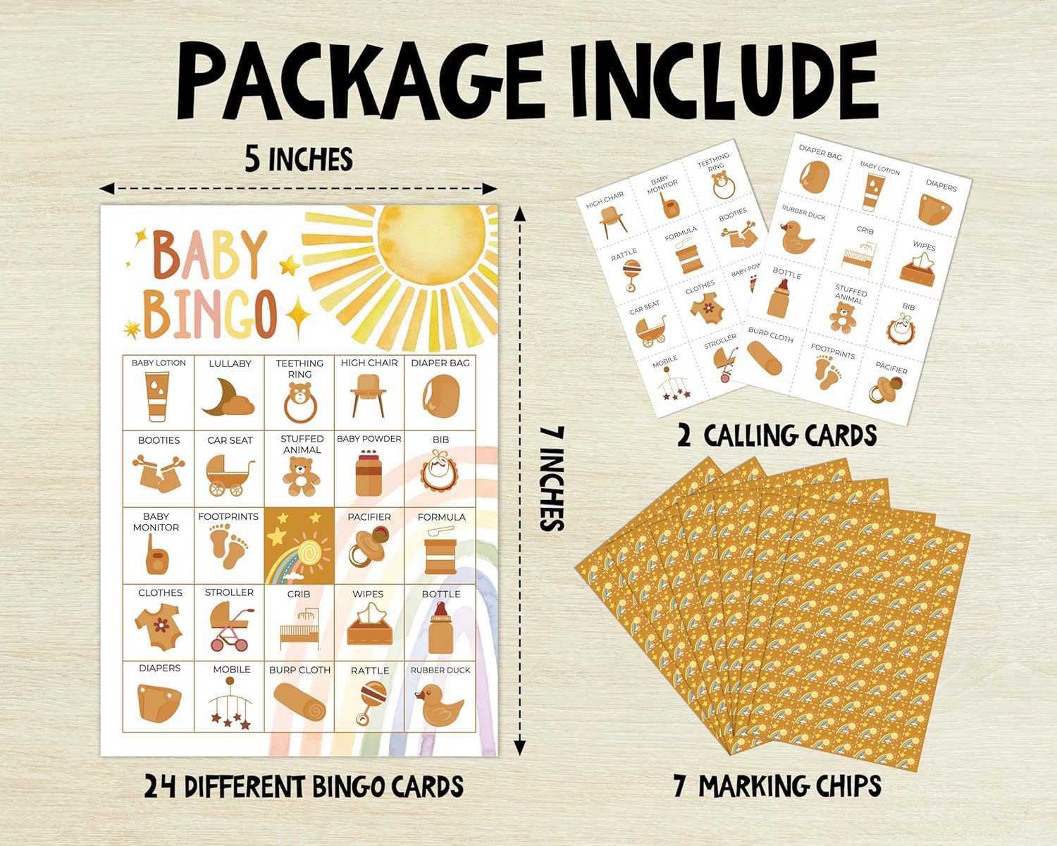 Boho Sun Bingo Game Set, Sunshine Baby Shower Party Supplies, Rainbow Gender Reveal Decorations - Yellow