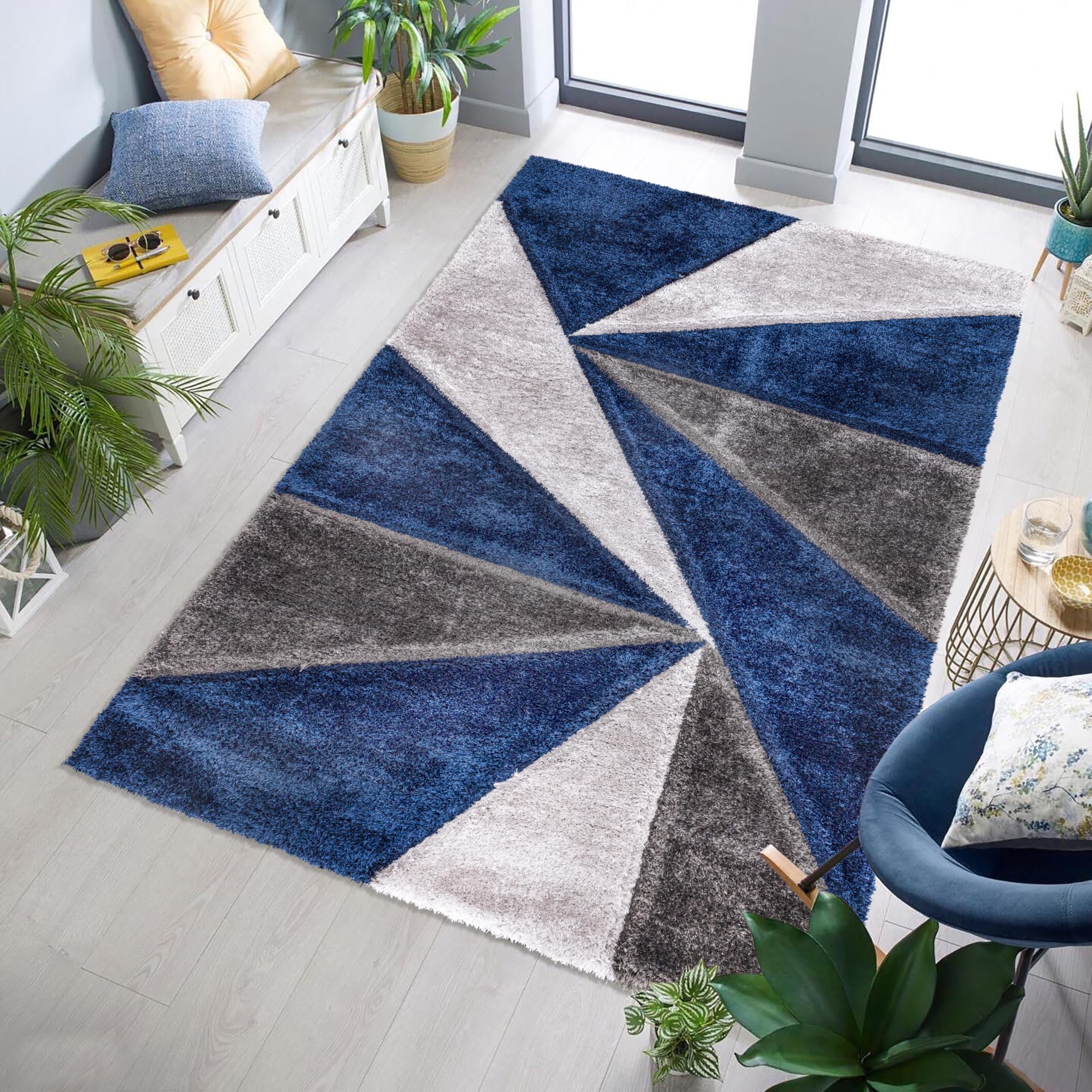 3D Illusion Shaggy Carpet Modern Geometric Area Rug for Living Room, Bedroom Soft Thick Pile Non-Shedding, Machine Made Polypropylene (Blue, 200 cm × 290 cm = 6.56 ft × 9.51 ft)