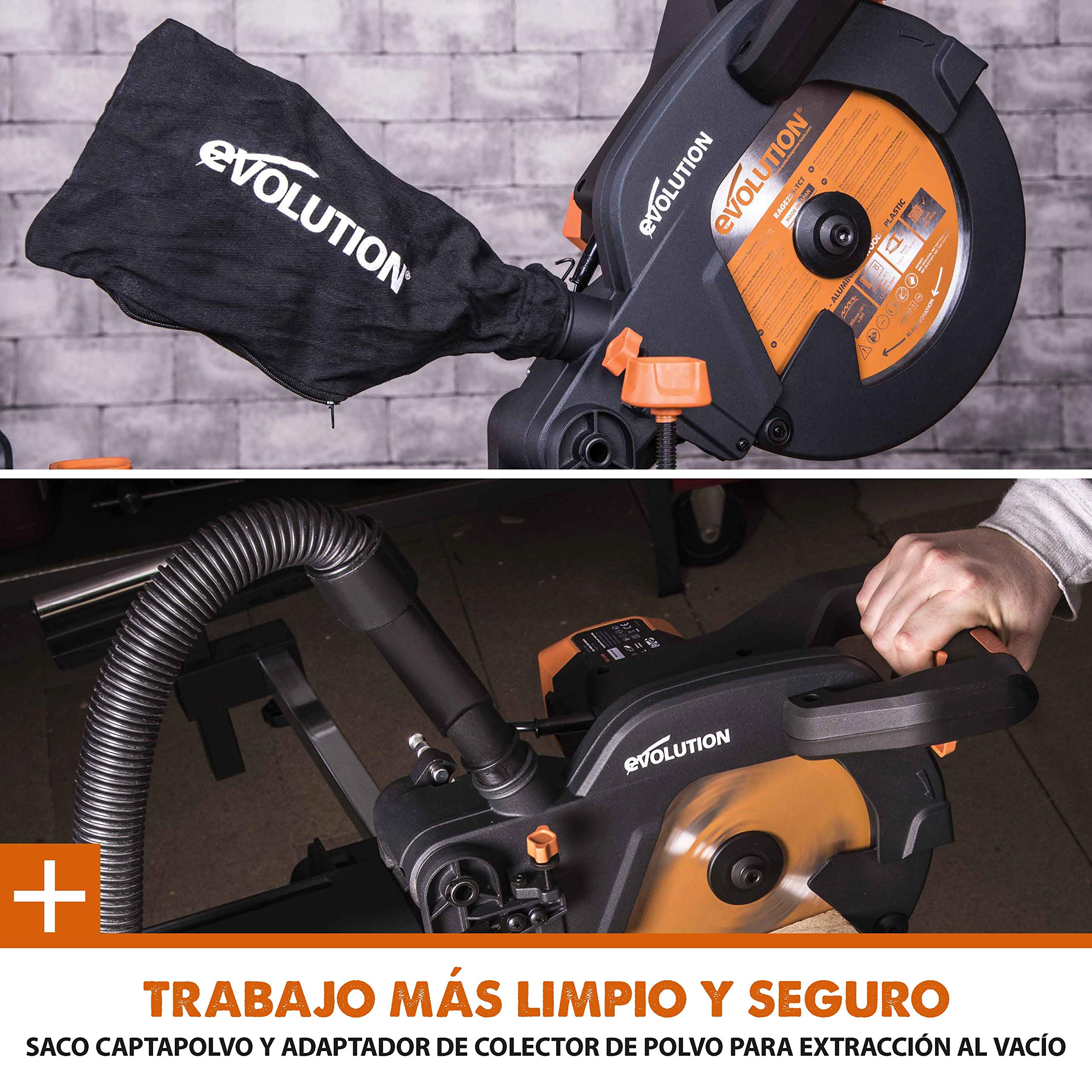 Evolution Power Tools R255SMS Sierra ingletadora Deslizante multimaterial, con Paquete Plus, Corta acero dulce, aluminio, plástico, madera con clavos incrustados 230 V, 255 mm