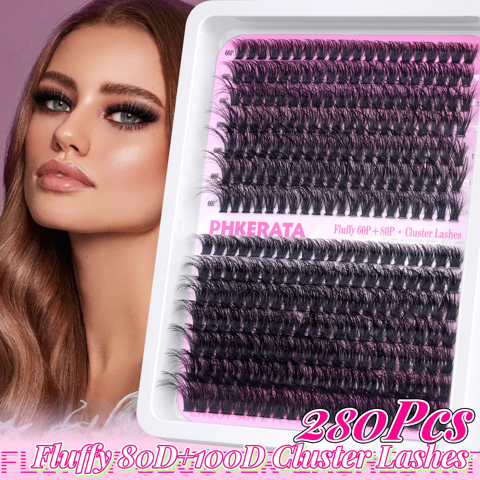 PHKERATA Flauschige Cluster-Wimpern, 60P+80P, D-Curl, Russische Wimpern, Dickes Volumen, Wimpernverlängerung (10-18 mm Mix, Schwarz)