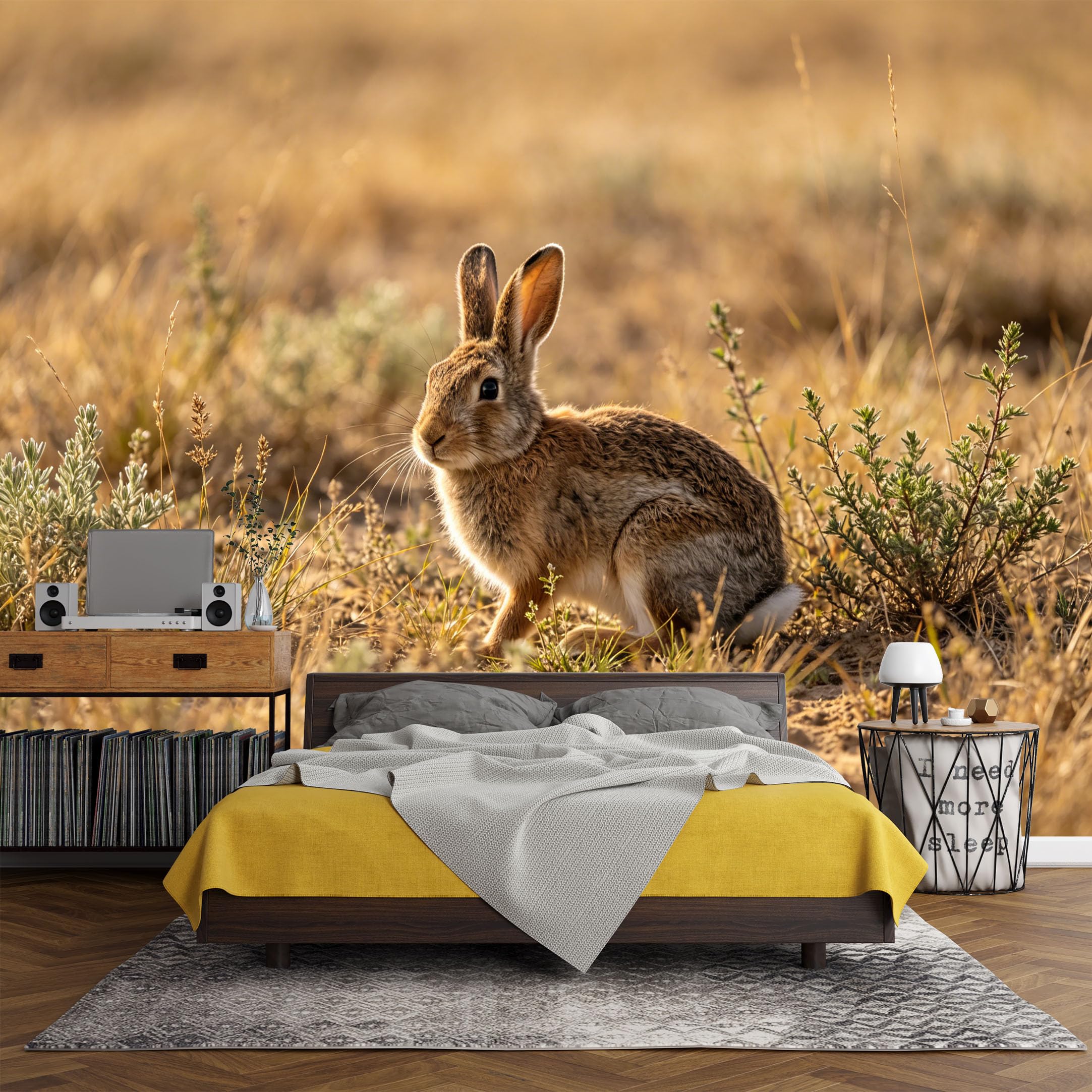 Custom Size Wall Mural， Woodland Rabbit Grassland Sunrise Nature Landscape，SelfAdhesive Art Prints wall Fabric (No PVC) Removable Wallpaper Living Room Decor