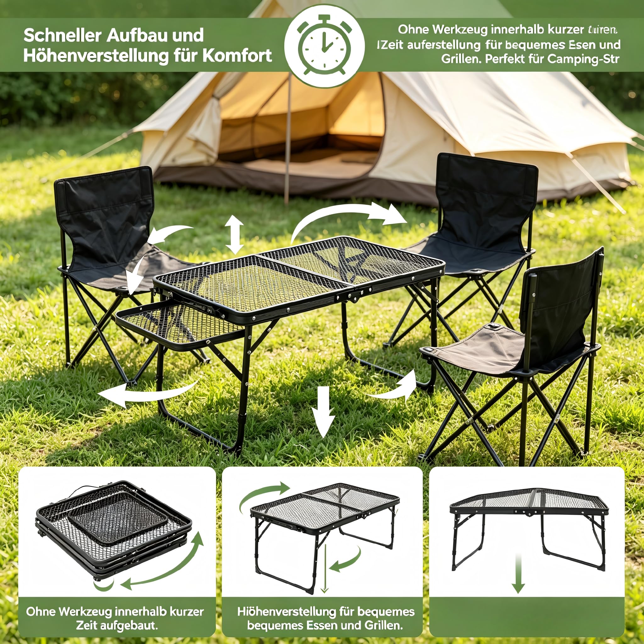 Faltbarer Campingtisch aus Aluminiumlegierung für Outdoor, Leichter Picknicktisch mit Schubladen & Doppel-Ebenen-Tischplatte, Tragbarer Gartentisch für Grill, BBQ, Strand, Wandern