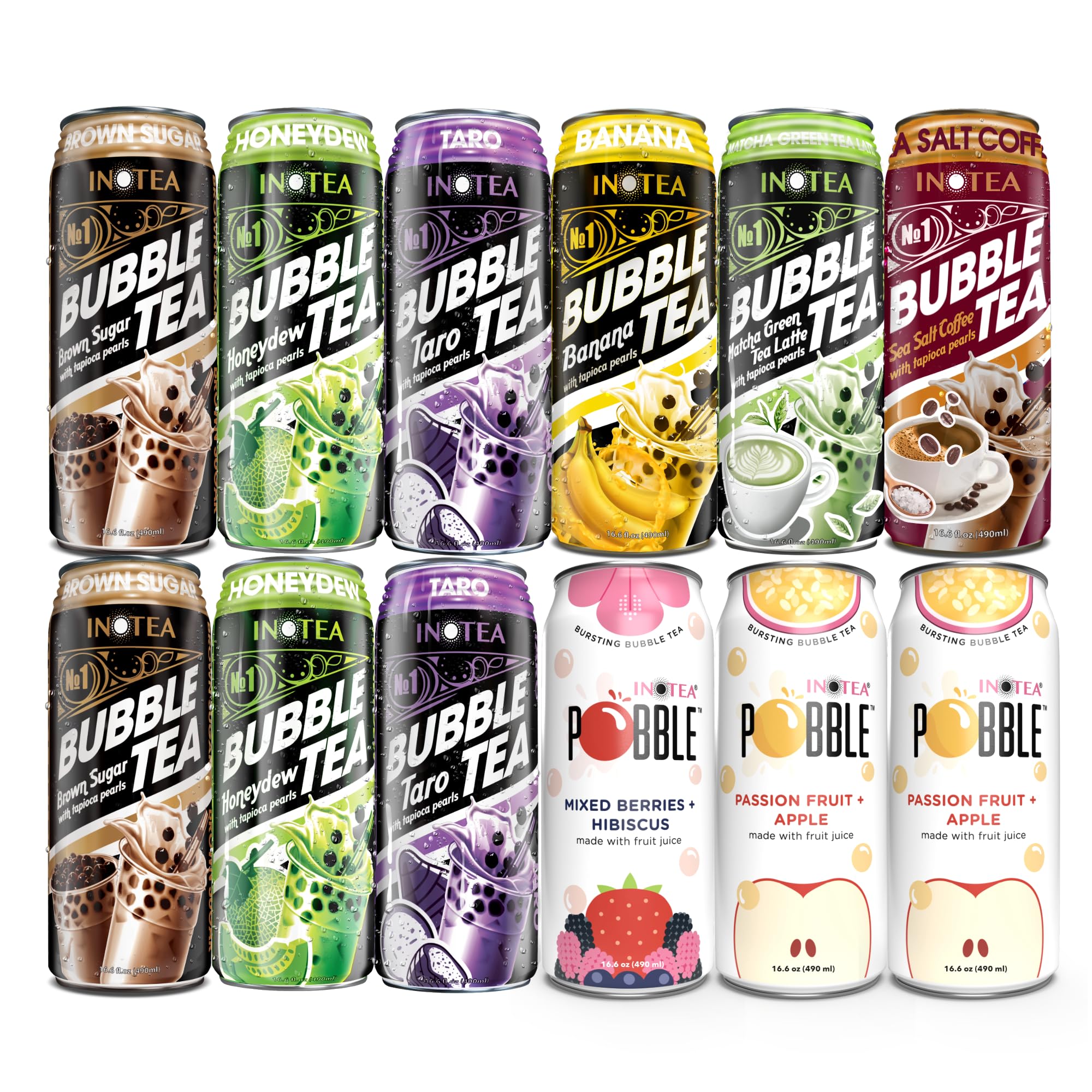 INOTEA Assorted Bubble Tea & Pobble Variety Pack - 12 Count (Brown Sugar, Honey Dew, Taro, Banana, Matcha Latte, Sea Salt Coffee, Mango+Red Dragon Fruit, Mixed Berries+Hibiscus, Passion Fruit+Apple)