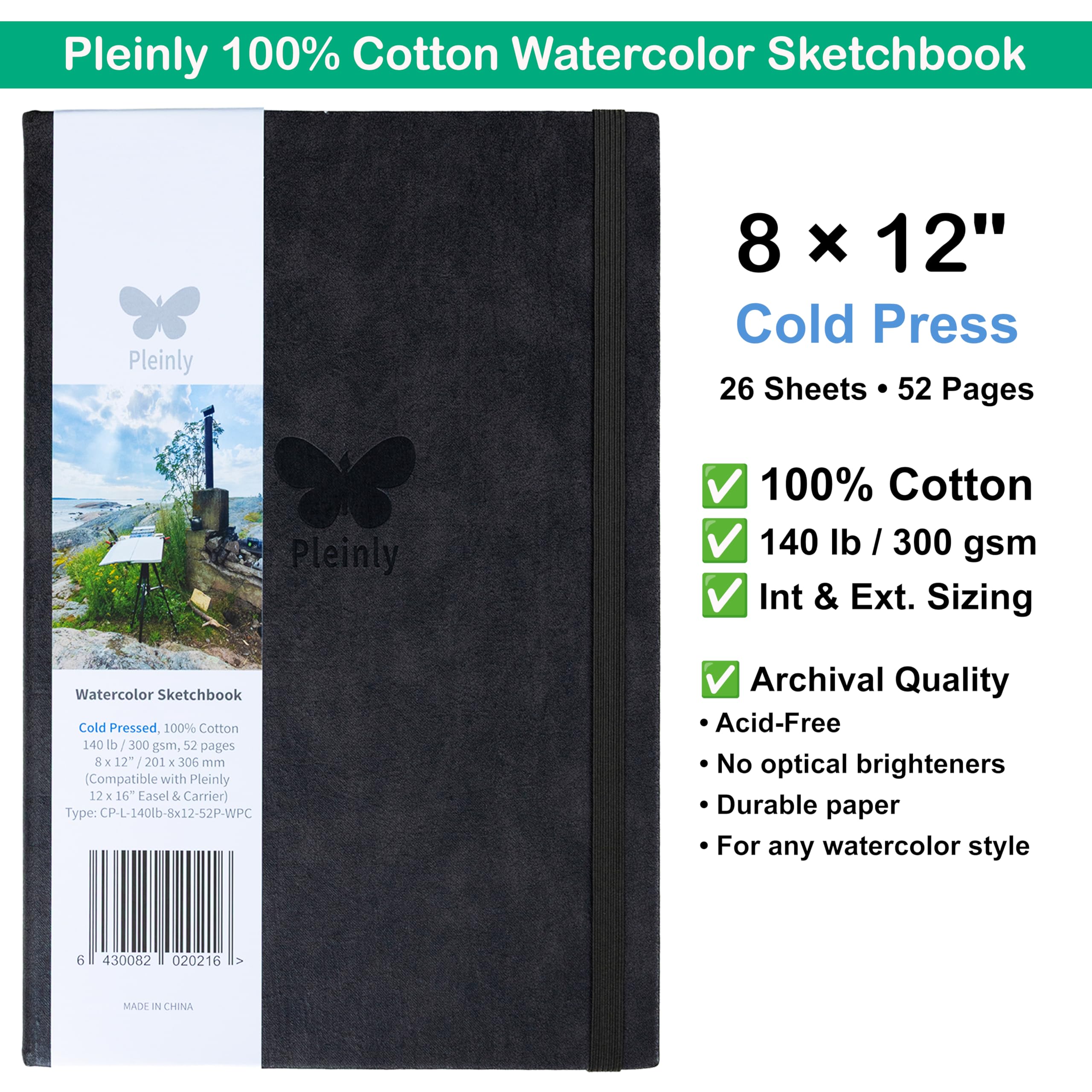 2 cuadernos de bocetos PLEINLY de acuarela 100% algodón HP y CP, papel tipo L, tamaño grande de 8 x 12 pulgadas, 140 libras/300 g/m², 2 x 52 páginas, vertical, cabe en un soporte de panel húmedo, tapa