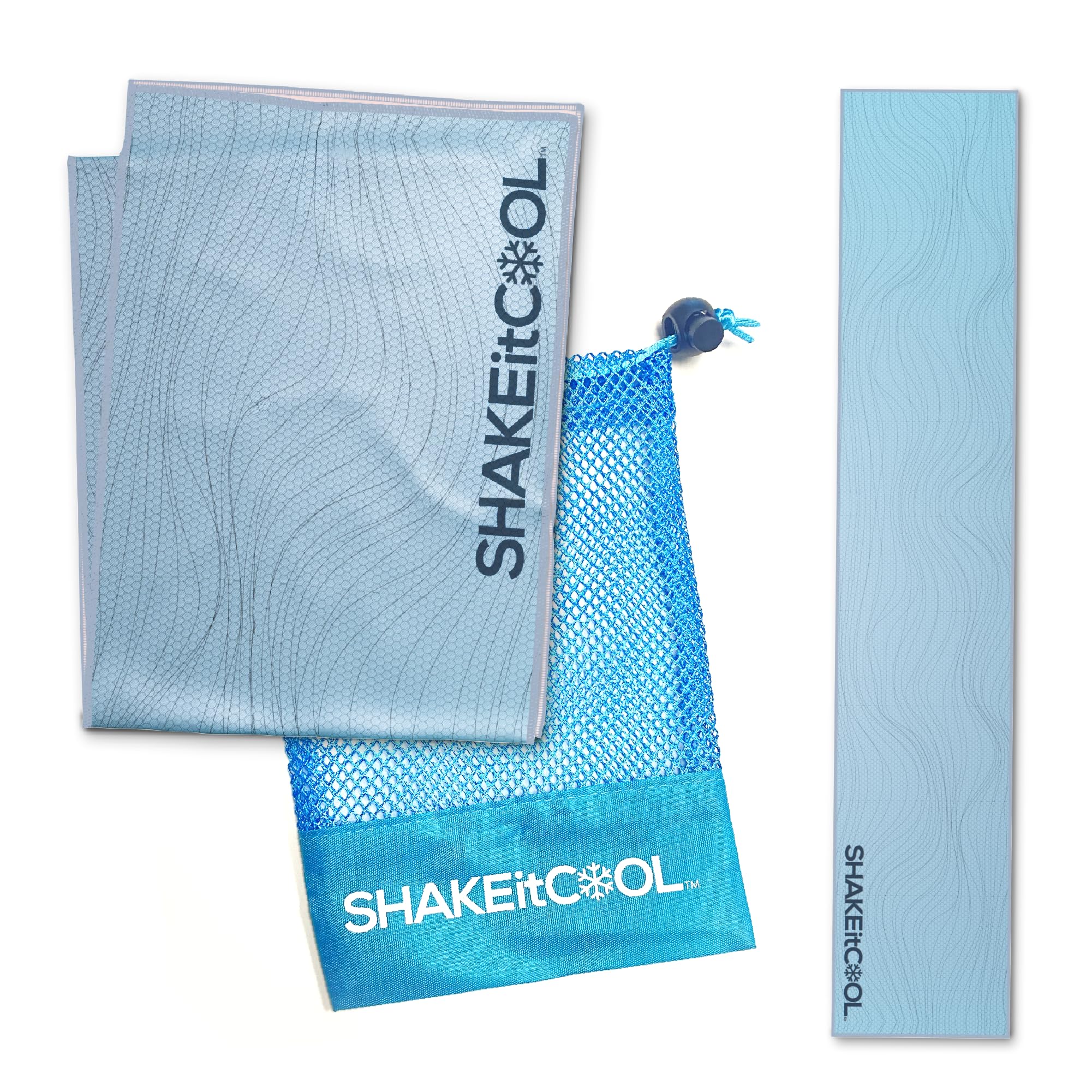 SHAKEitCOOL Original Cooling Towel – Be Cool in Style - Heat Relief, Soft, Lightweight, Sun Protection, Easy Clean - Perfect for Biking, Running, Yoga, Gym, Gardening - Blue Wave