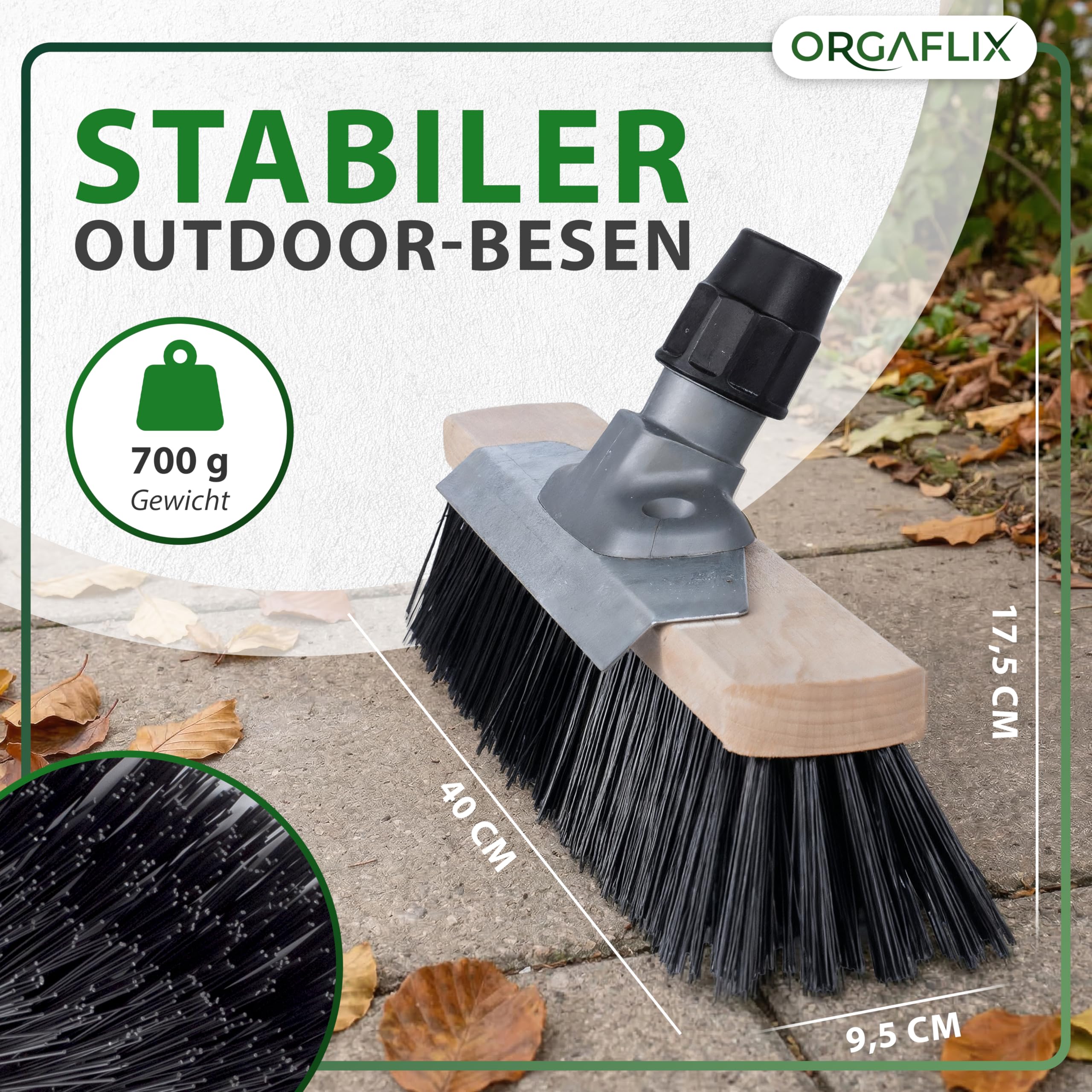 ORGAFLIX Straßenbesen mit Stiel 40cm, Gartenbesen mit Schabekante und Elastonborsten für hartnäckigen Schmutz, Erde, Kies, Kehrbesen für Außenbereiche, aus Deutscher Herstellung, Stiel aus Italien