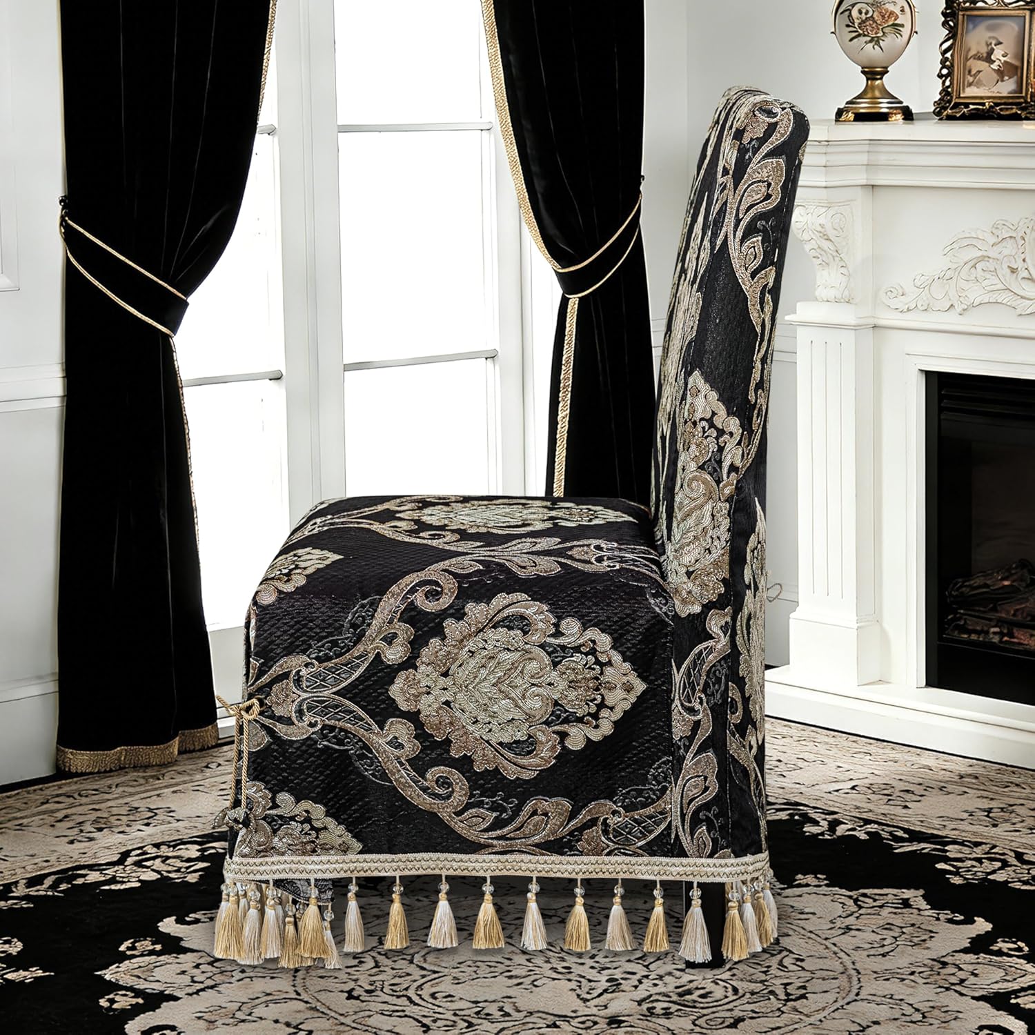 Loom and Mill Adjustable Dining Chair Cover 1 Piece, Classic European Damask Removable Full Length Parsons Chair Covers with Tassels and Ties for Dining Room Party Banquet Home Decor, Black