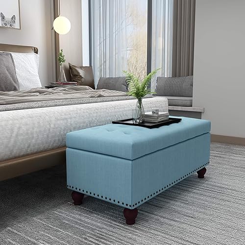 Miniatura 52 de Adeco Otomana de almacenamiento, banco tapizado rectangular de piel sintética con patas de madera, reposapiés, mesa de café para sala de estar,