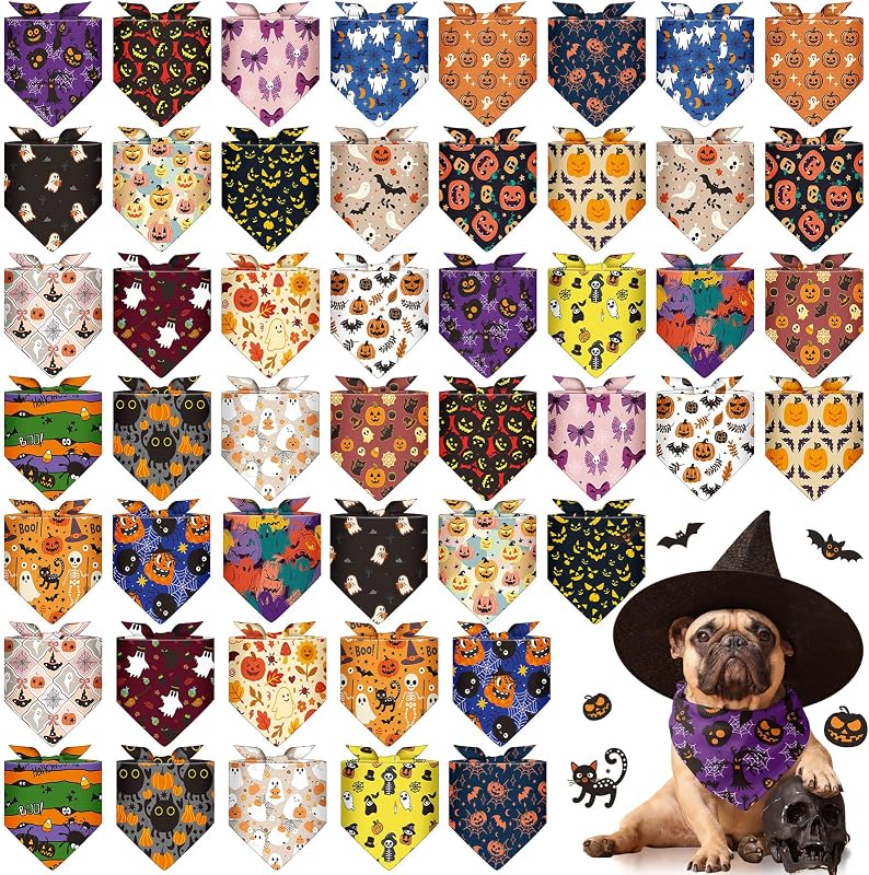 Bandanas para Cães Sanwuta de Poliéster com Estampas de Halloween Ajustáveis, Pacote com 48