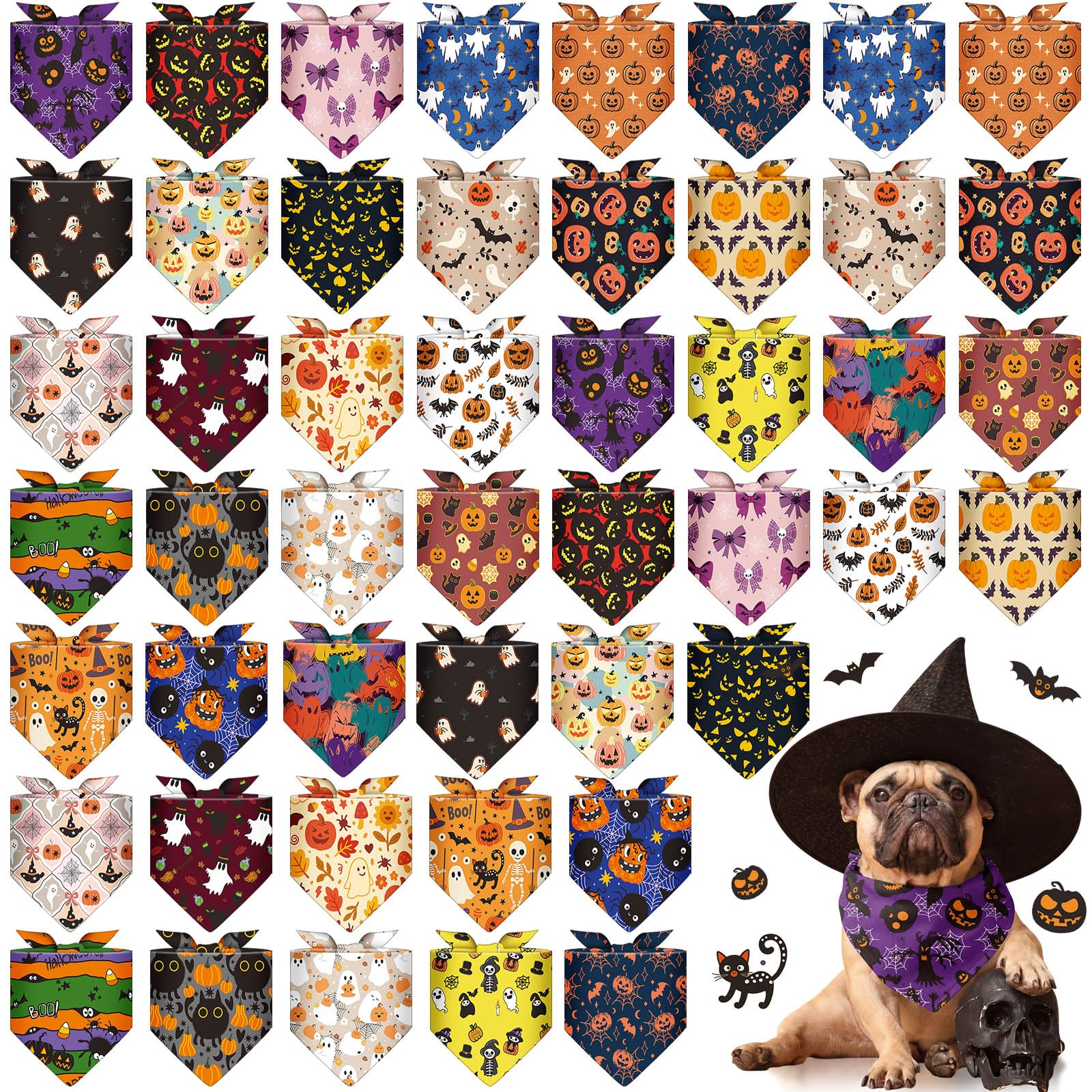 Sanwuta 48 Pcs Halloween Dog Bandanas Bulk Scary Dog Bandanas Adjustable Ghost Colorful Scarf Handkerchief Bib Accessories for Small Medium Large Breeds Pet Costume Accessories โ image 1