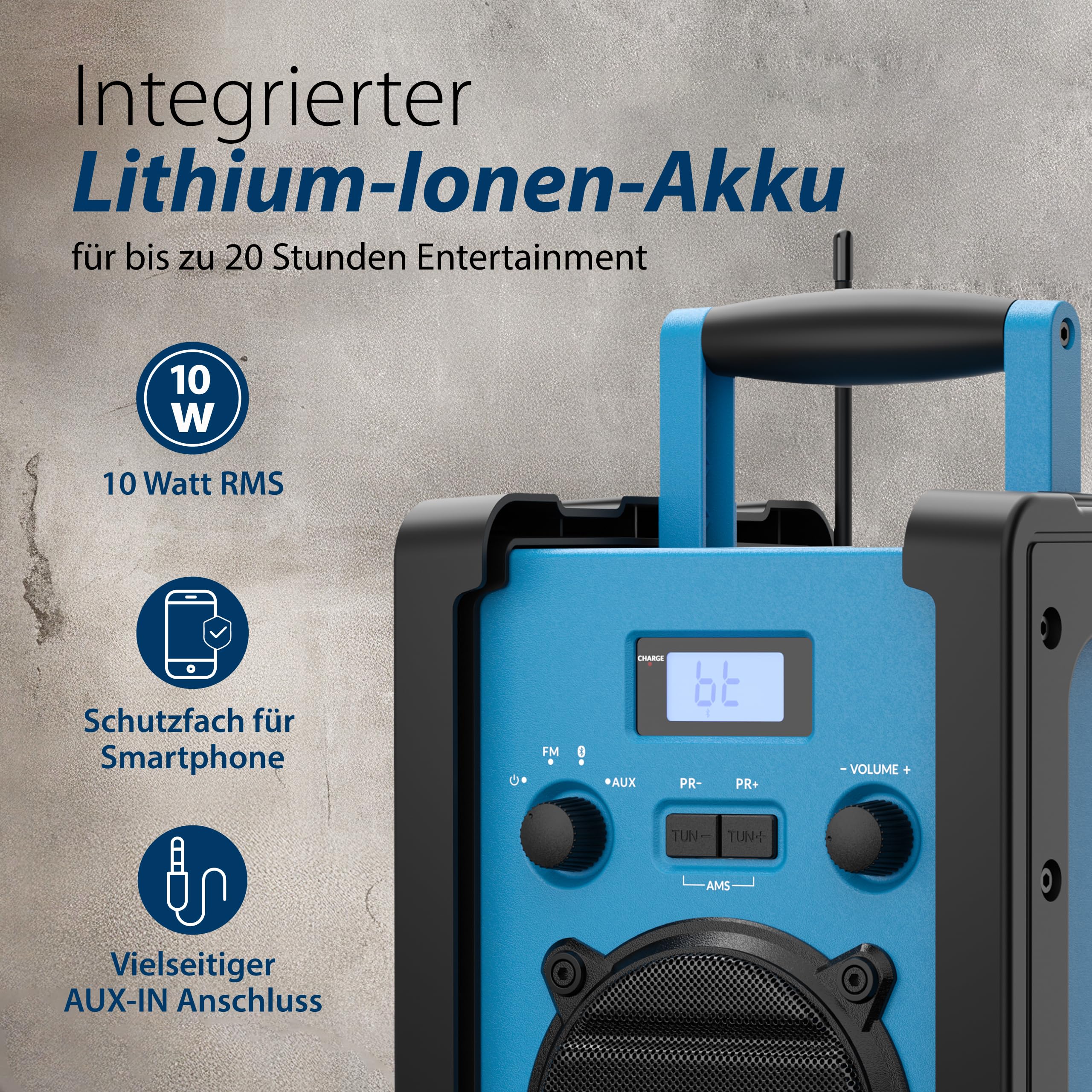 Blaupunkt BSR 30, Baustellenradio, Bluetooth, Robustes Akku-Radio, IP44 Schutz, AUX Wiedergabe, tragbares Baustellen Radio für Werkstatt & Outdoor