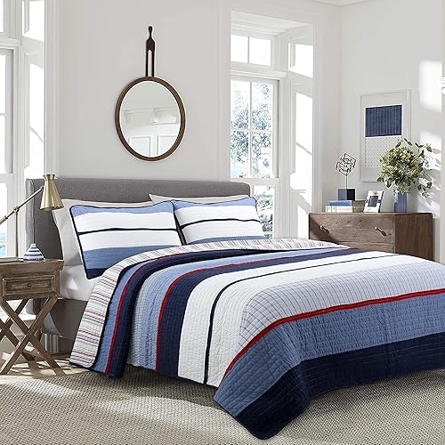 Cozy Line Home Fashions Juego de ropa de cama reversible de 100% algodón a rayas azul marino, para todas las estaciones (Berlín, individual, 2