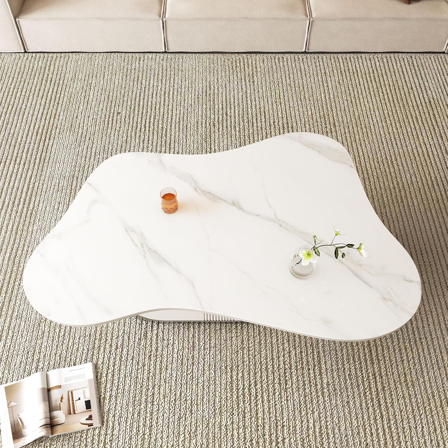 Modern Cloud-Shape Stone Coffee Table with Geometric Stainless Steel Base and Storage Drawer Luxury Living Room Coffee Table with Marble Grain Sintered Stone Top,White Grey