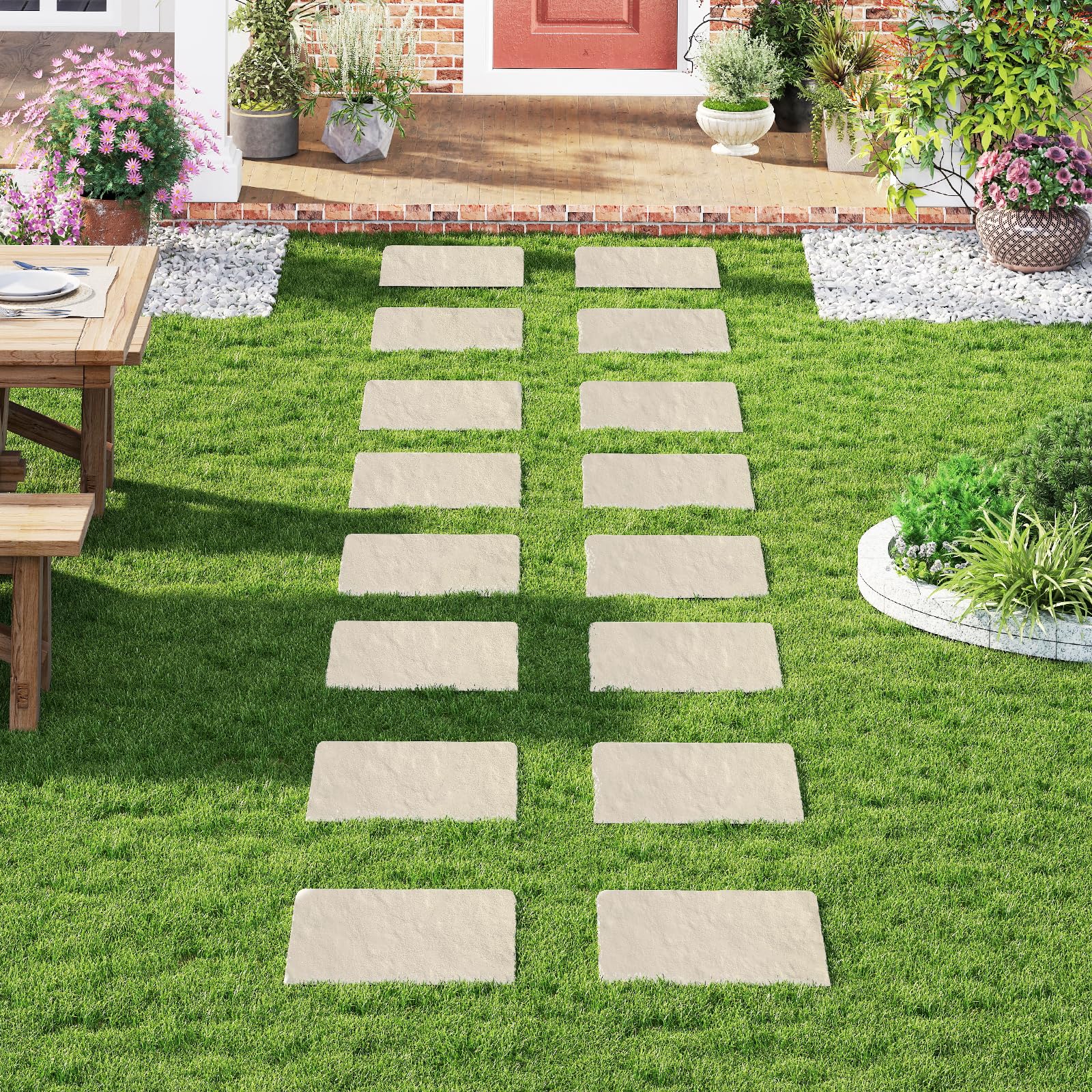 GIANTEX Camino de Pierdas con 8 Piezas, Escalones Cuadradas 39,5 x 39,5 cm, Baldosas de Jardín de PP Resistente, Superficie Antideslizante, Estacas para Tierra Incluidas (Beige)