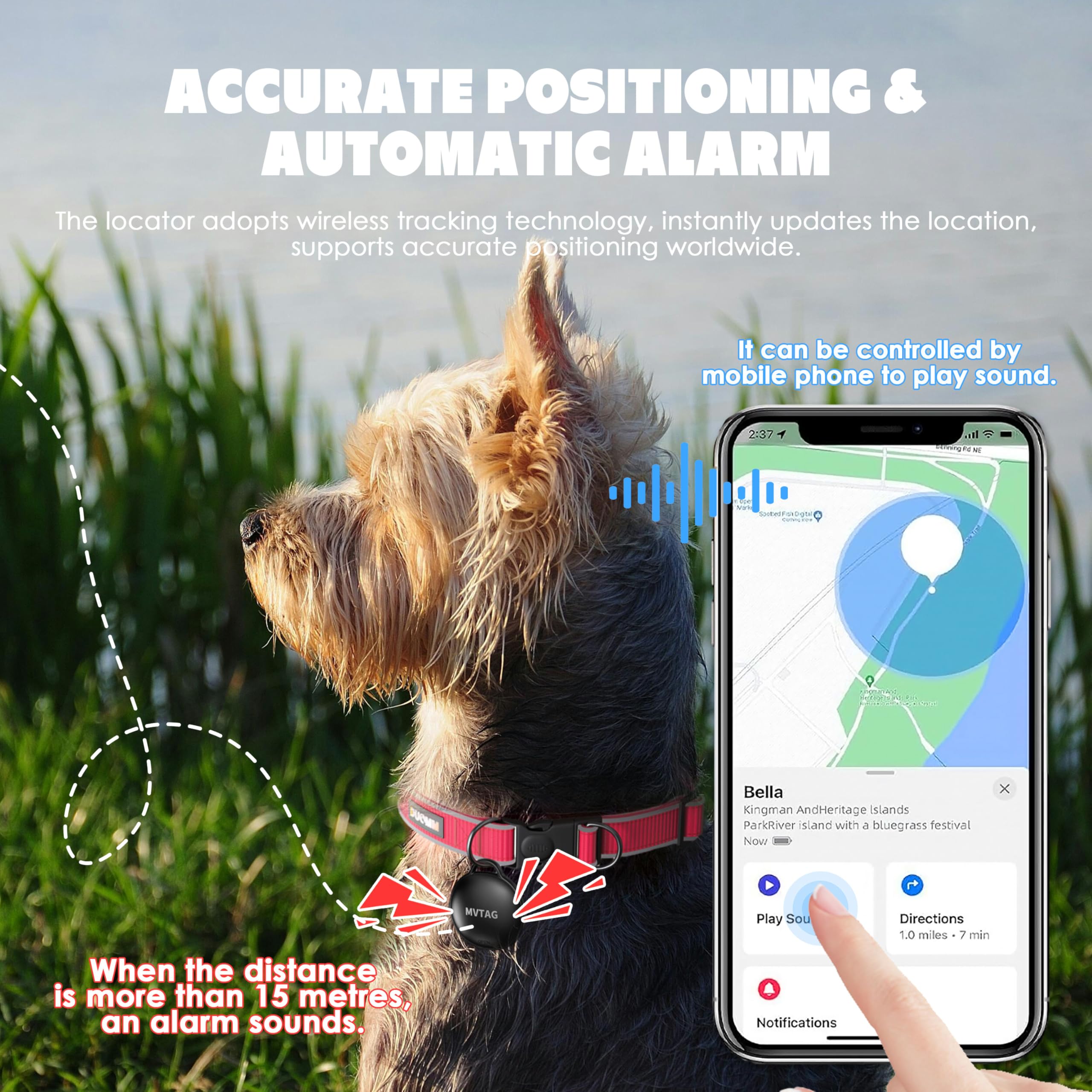 Dog Tracker GPS Collar No Monthly Fee, Real-Time Mini Pet Tracker for Small Medium Large Dogs, Reflective Waterproof Dog Tracking Collar with Bell, Indoor & Outdoor (Only for iOS) - image 2
