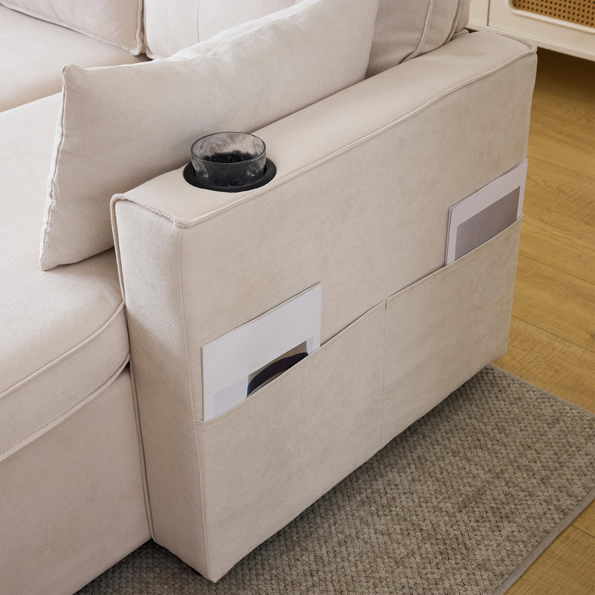 Divano Letto angolare in Cotone e Lino, Soggiorno, Beige, 211x129.5x86 cm