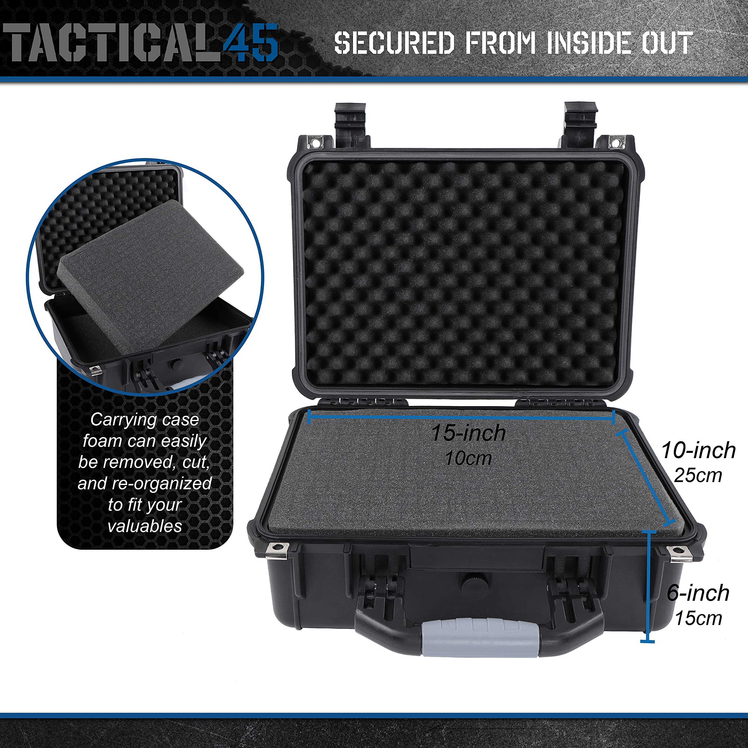 Tactical45 Funda rígida con espuma resistente a la intemperie, para exteriores y viajes, 40,6 x 33 x 17,8 cm, funda de espuma negra