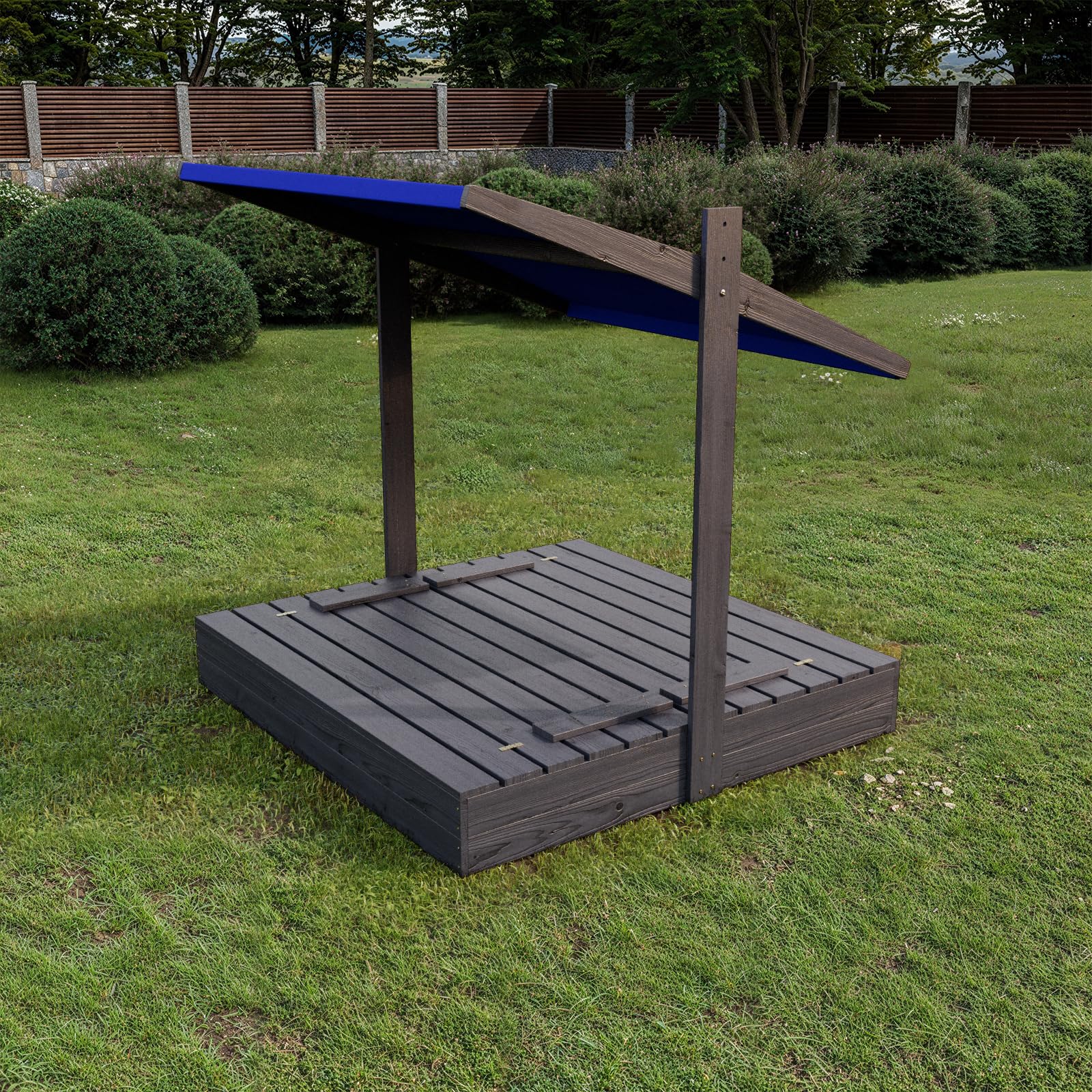 QLS Bac à Sable Bois 120 cm avec Toit et Banc Bleu/Anthracite