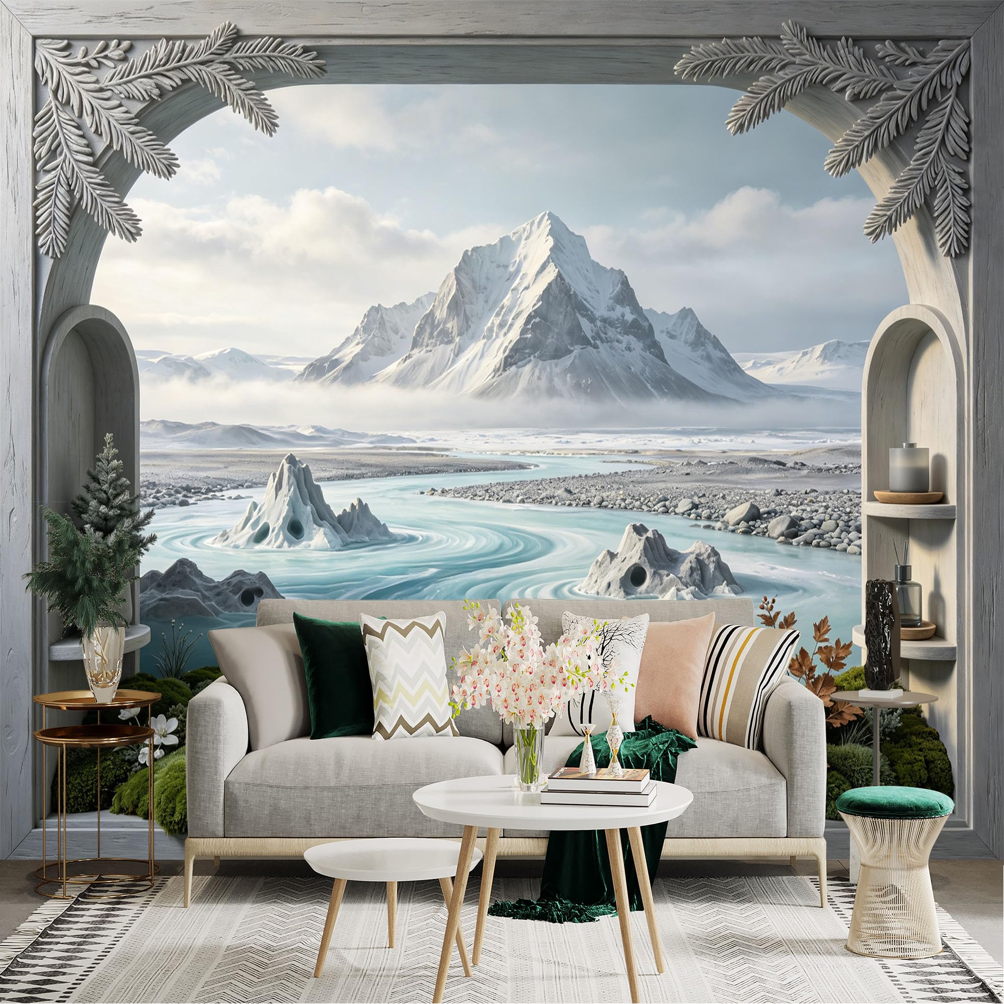 Lnzczhyre Bh260719166 Custom Size Wall Sticker Mural， Snowy Mountain Peak， Serene Frozen River， Arctic Landscape View， Natural Winter Scenery， For Wall Decoration， Peelandstick Wall Decals.