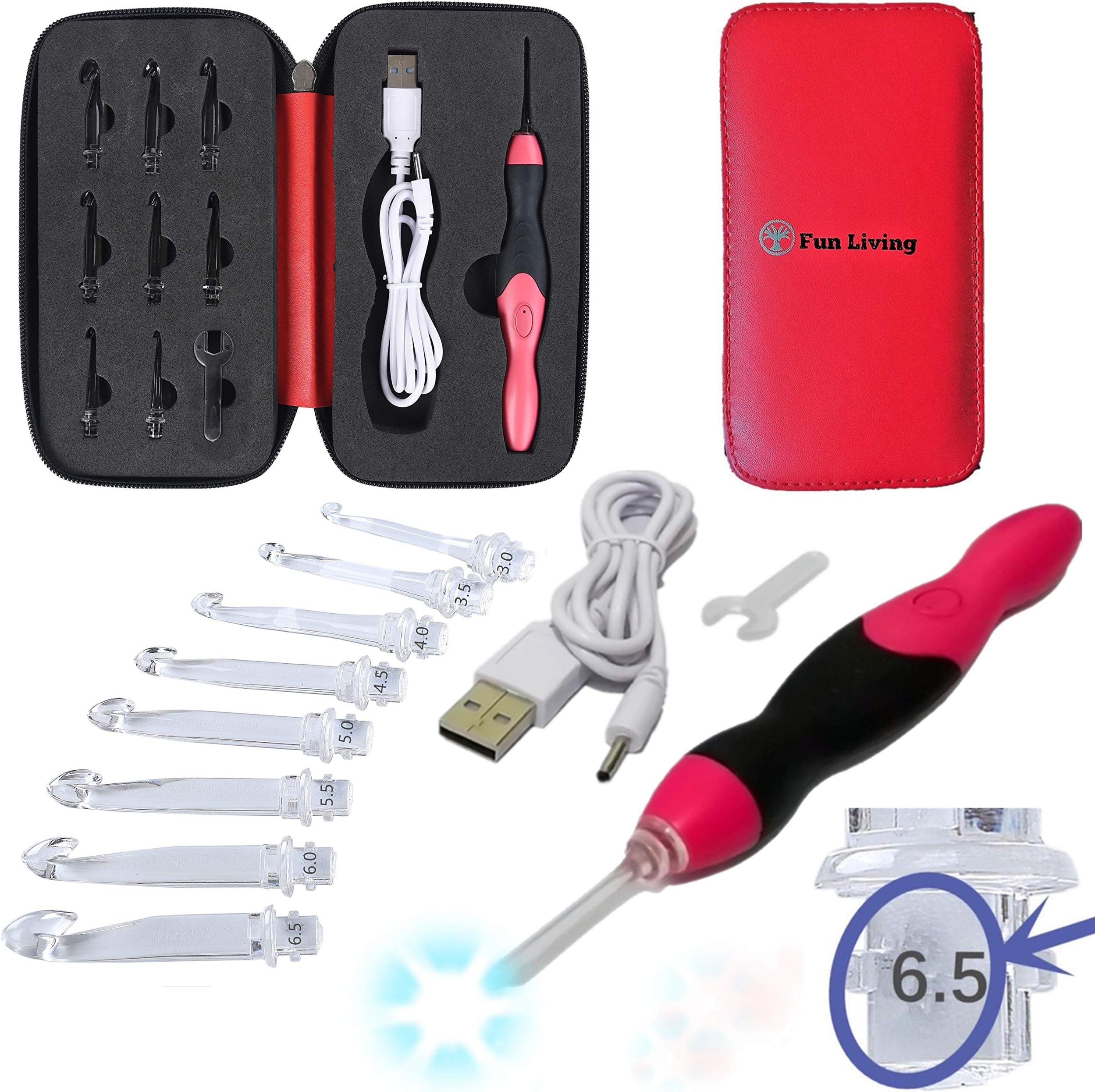 Fun Living Rechargeable Ergonomic Handle Lighted Crochet Hooks 9 in 1 Compact LED Dimmable Complete Set with 9 Interchangeable Heads 2.5mm to 6.5mm Light up Zip Case