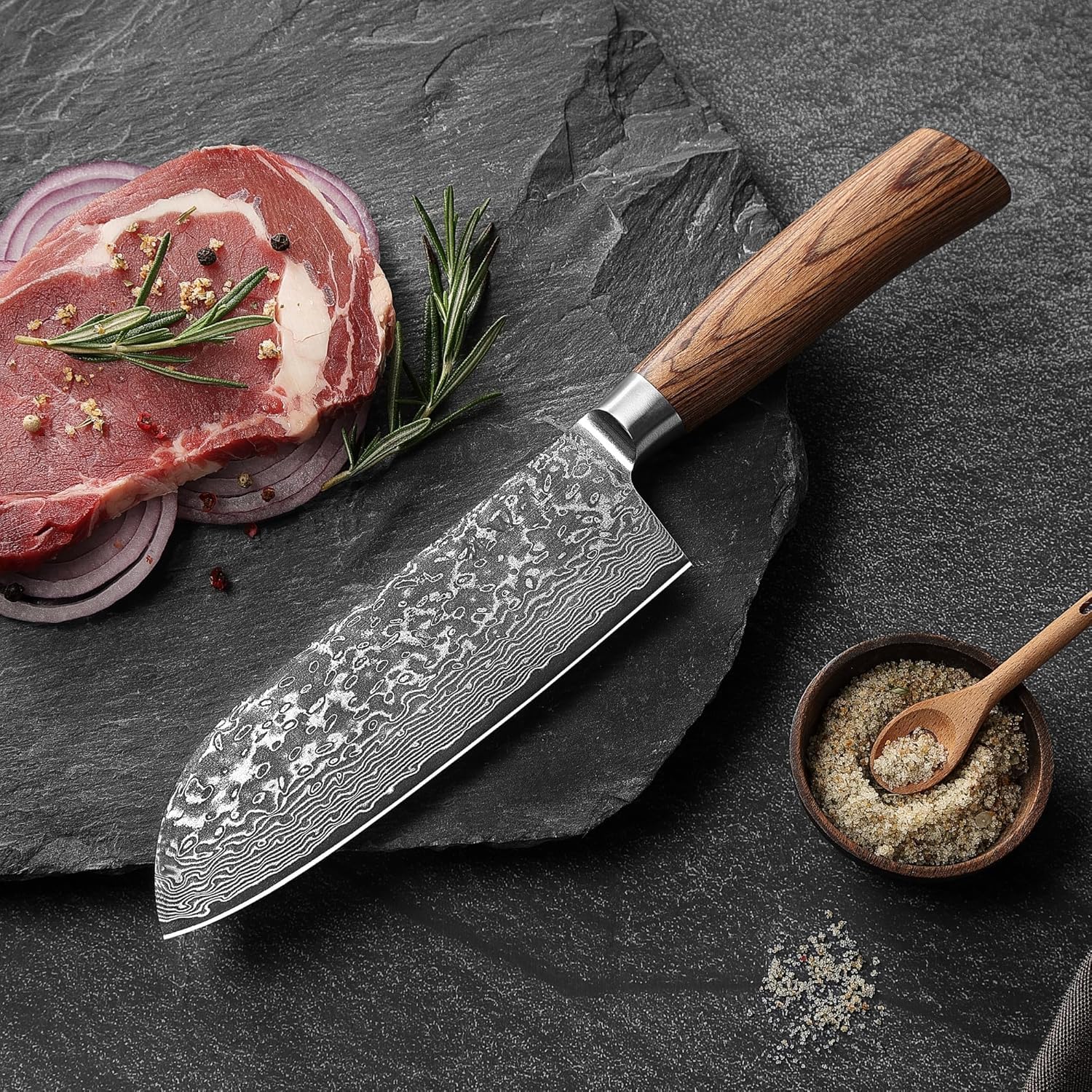 WAKOLI Edib Pro Couteau de cuisine chinois avec lame tranchante de 17,50cm en acier damassé fabriquée en 67 couches avec noyau VG10 I Couteau damas cuisine professionnel I Manche en bois de pakka