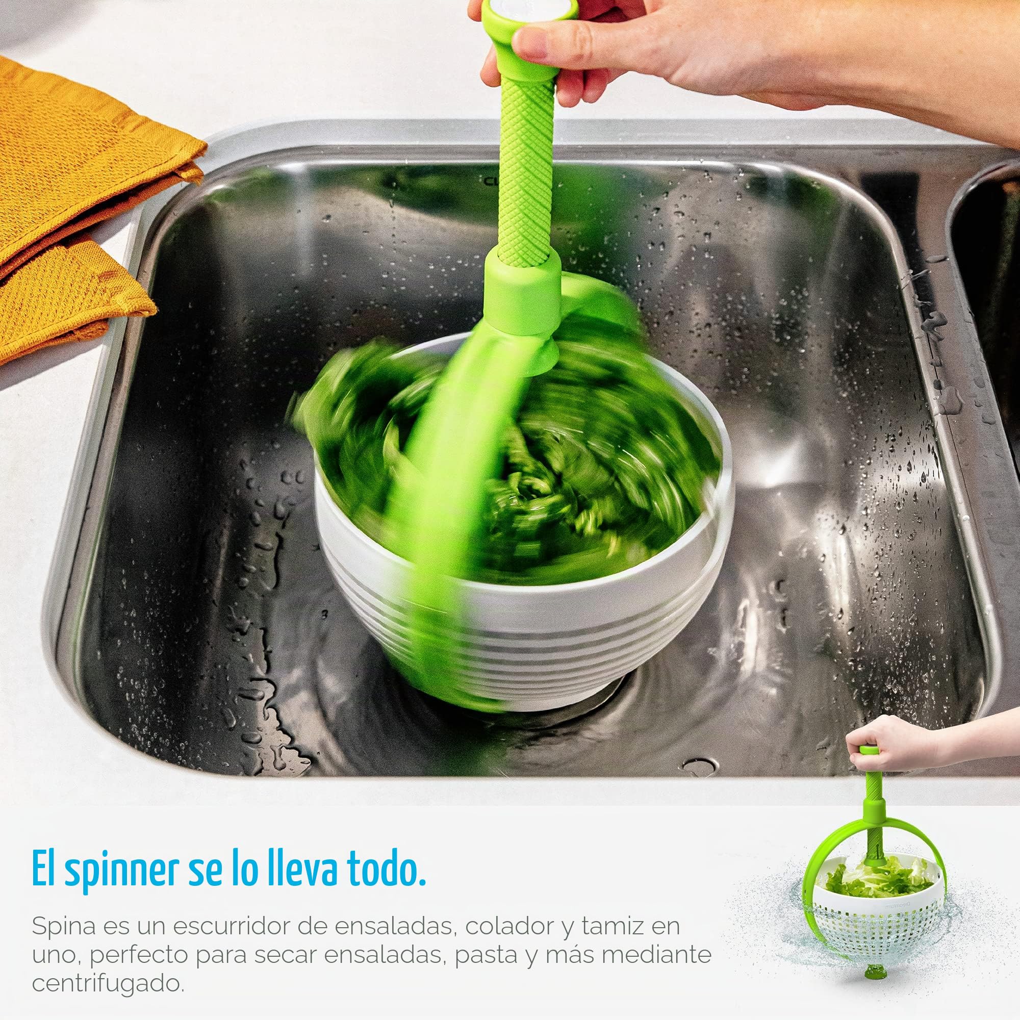 Dreamfarm Spina - Colador de ensalada plegable 2 en 1, fácil de usar, para ensaladas, frutas, verduras, lechuga, color blanco/verde | Colador para ensaladas, verduras, bayas y pasta, antideslizante, mango de fácil agarre, color blanco y verde