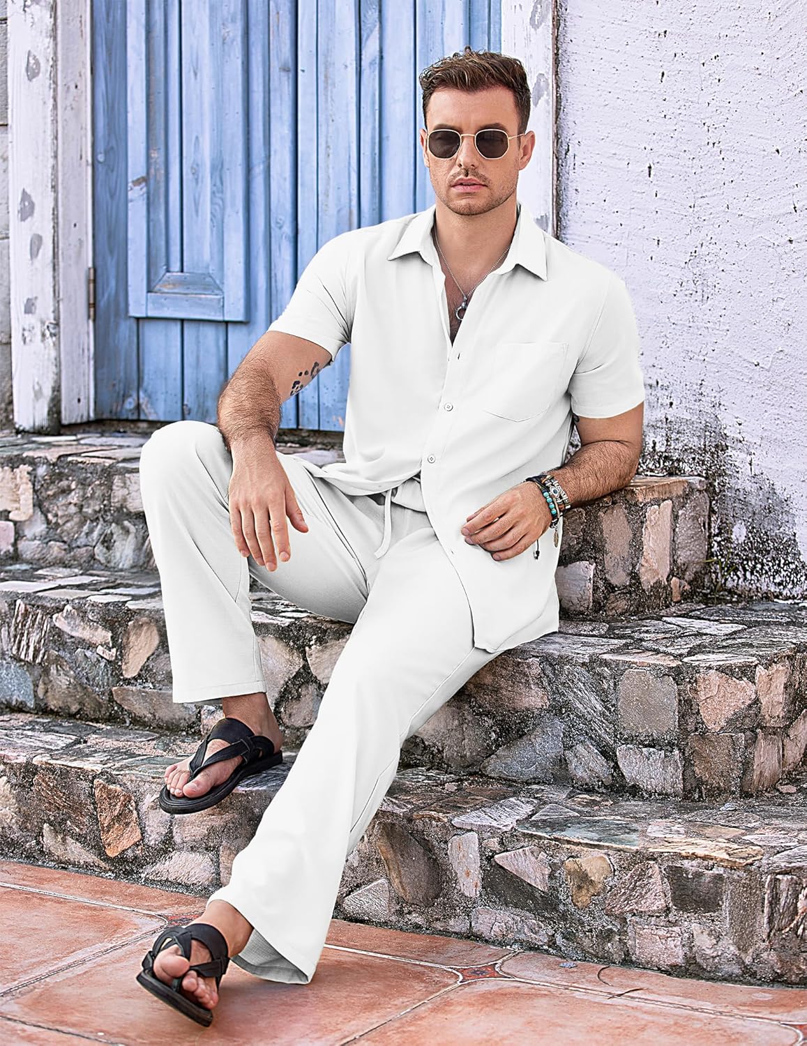 COOFANDY Mens 2 Piece Casual Beach Outfits Short Sleeve Button Down Shirts Summer Loose Pant Sets Vacation Walking Outfits - Image 4