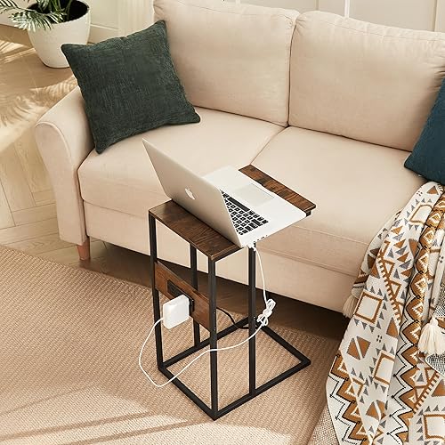 Miniatura 9 de BUDOME Mesa auxiliar en forma de C con estación de carga, mesa auxiliar con tomas, mesa de sofá con puertos USB C, mesa C con superficie premium y