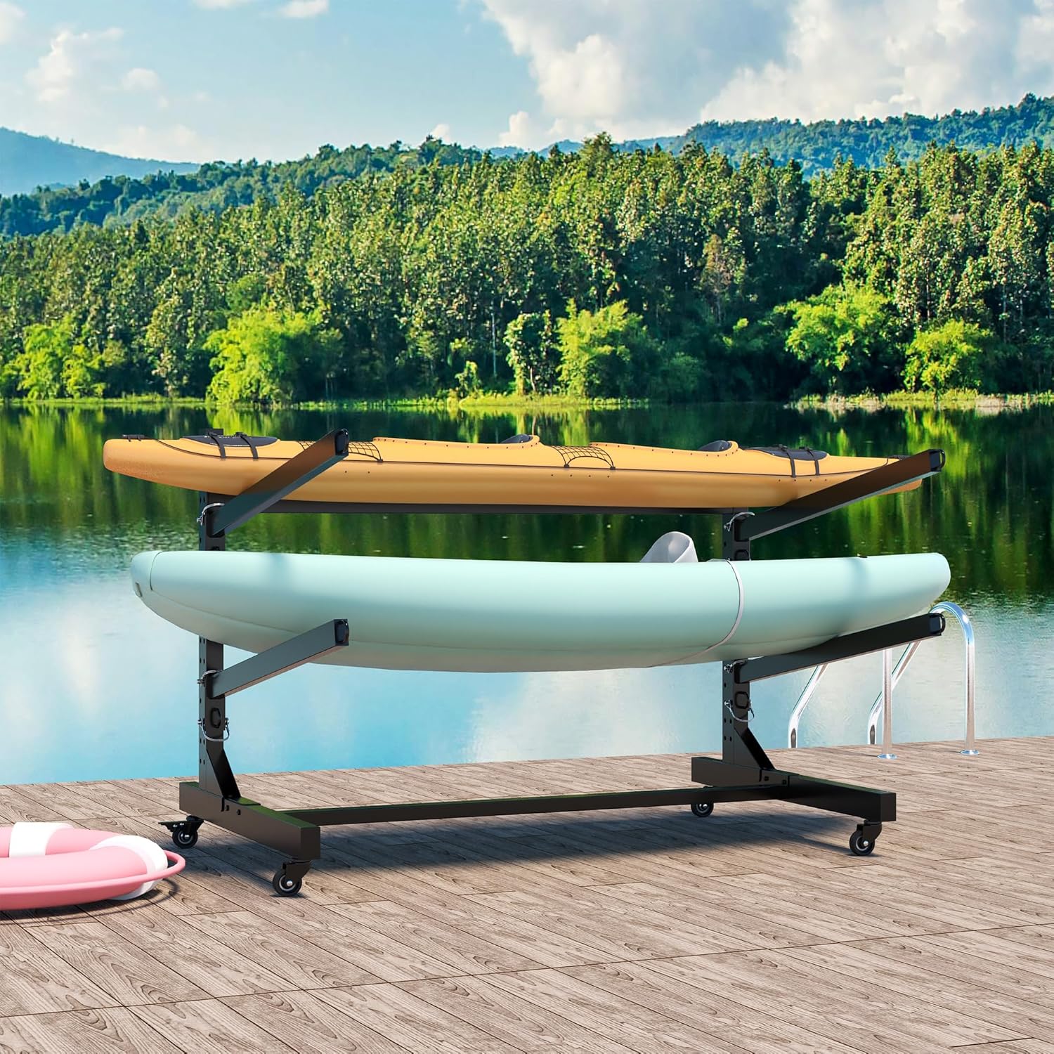 Freestanding Kayak Storage Rack, Heavy Duty Adjustable Stand with Lockable Wheels for Two-Kayak, SUP, Canoe & Paddleboard for Indoor, Outdoor, Garage, Shed, or Dock