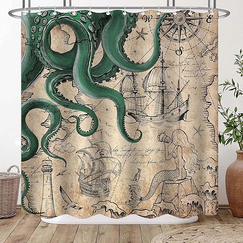Fungarth Cortina de Ducha Extra Larga de 84 Pulgadas Verde Vintage Náutica de Pulpo Sirena Divertida Océano Kraken Cortinas de Ducha para Baño Mapa