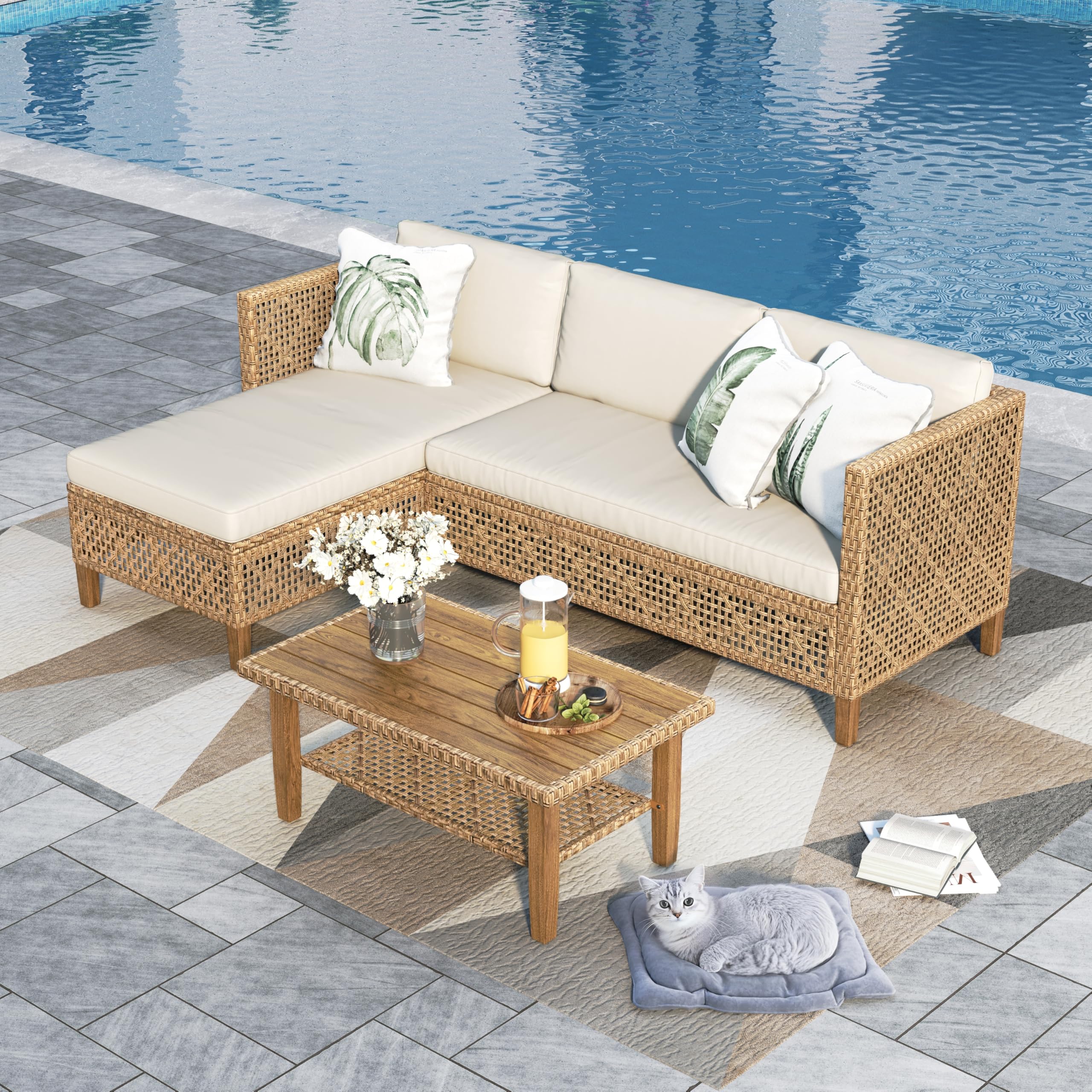 PHI VILLA Ensemble de meubles de jardin de balcon 3 pièces en rotin avec 1 méridienne, 1 canapé 2 places et 1 petite table basse, 4 personnes, meubles de terrasse d'extérieur