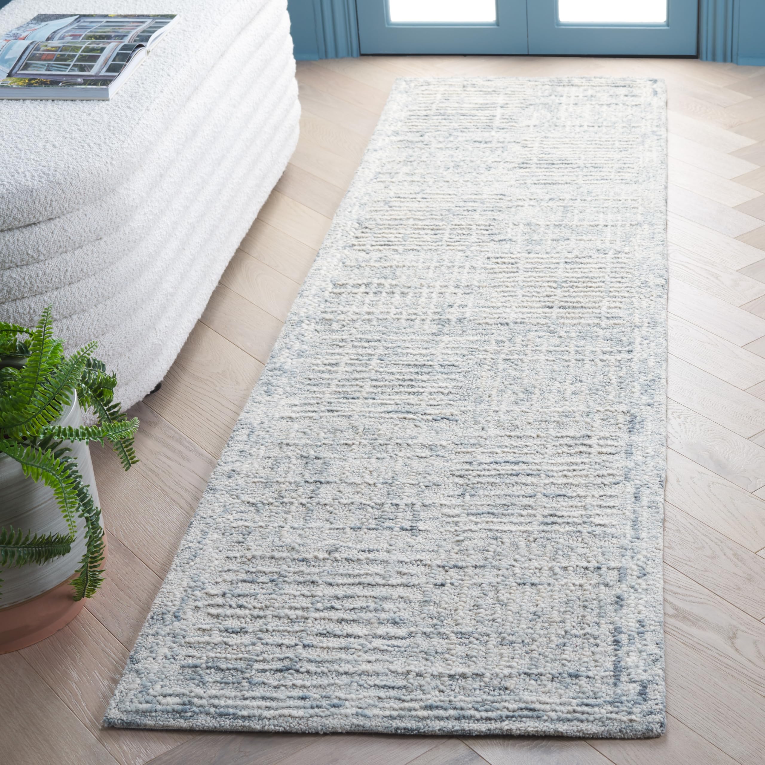 Abstract Collection Runner Rug - 2'3" x 8', Light Blue & Ivory, Checkered Design, Handmade Wool, Ideal for The Living Room, Bedroom, Dining Room (ABT275K-28)