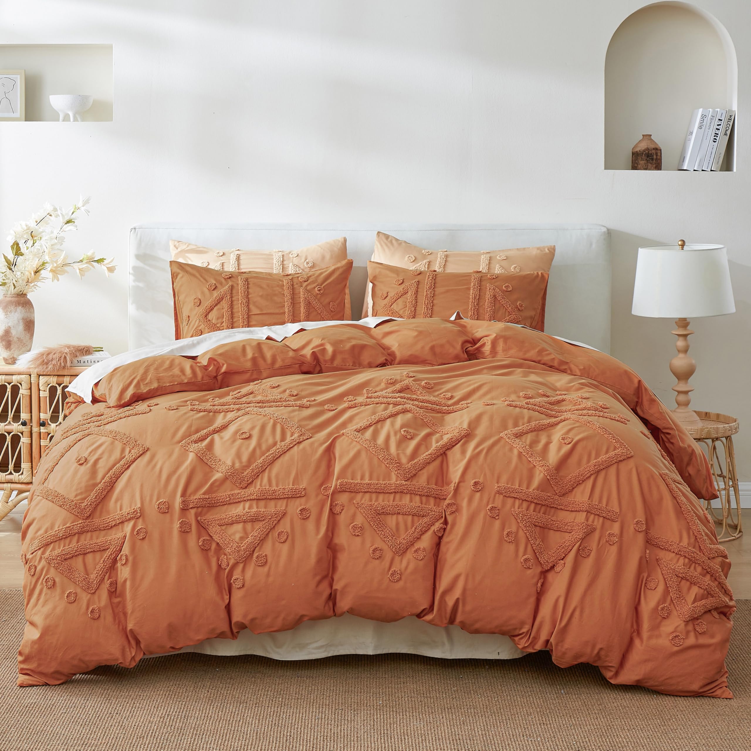 Simple&Opulence 100% Cotton Boho Tufted Duvet Cover Set King, Pumpkin Textured Embroidered Comforter Cover with 2 Pillowcases, Soft Breathable