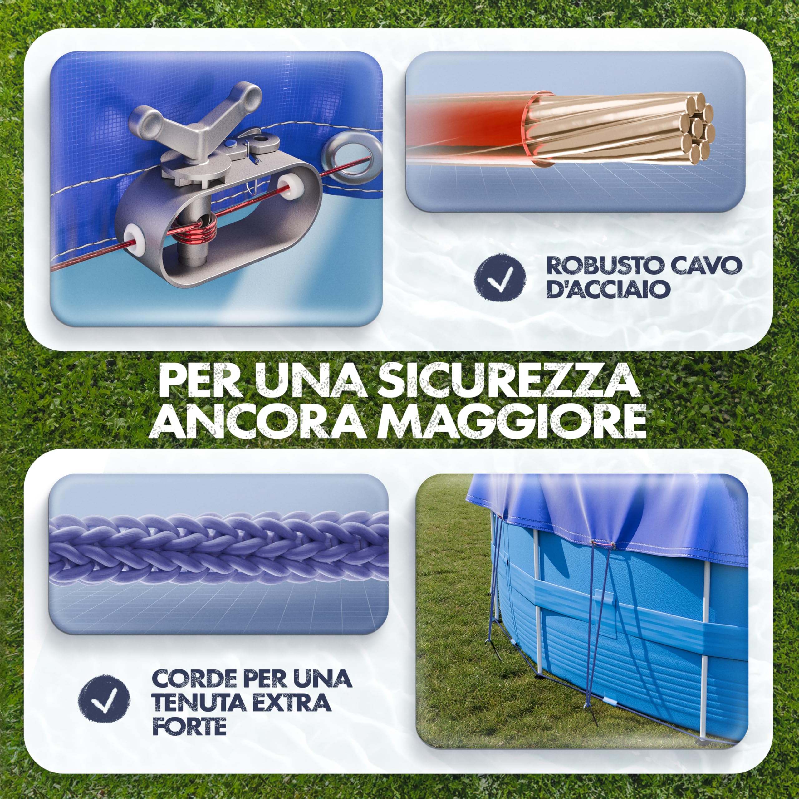 Copertura per piscina 320-366 cm (Ø 420 cm), 200 g/m², Adatto per Intex | Telo spesso blu/nero con materiale di fissaggio, adatto per piscine Intex e Bestway, diametro
